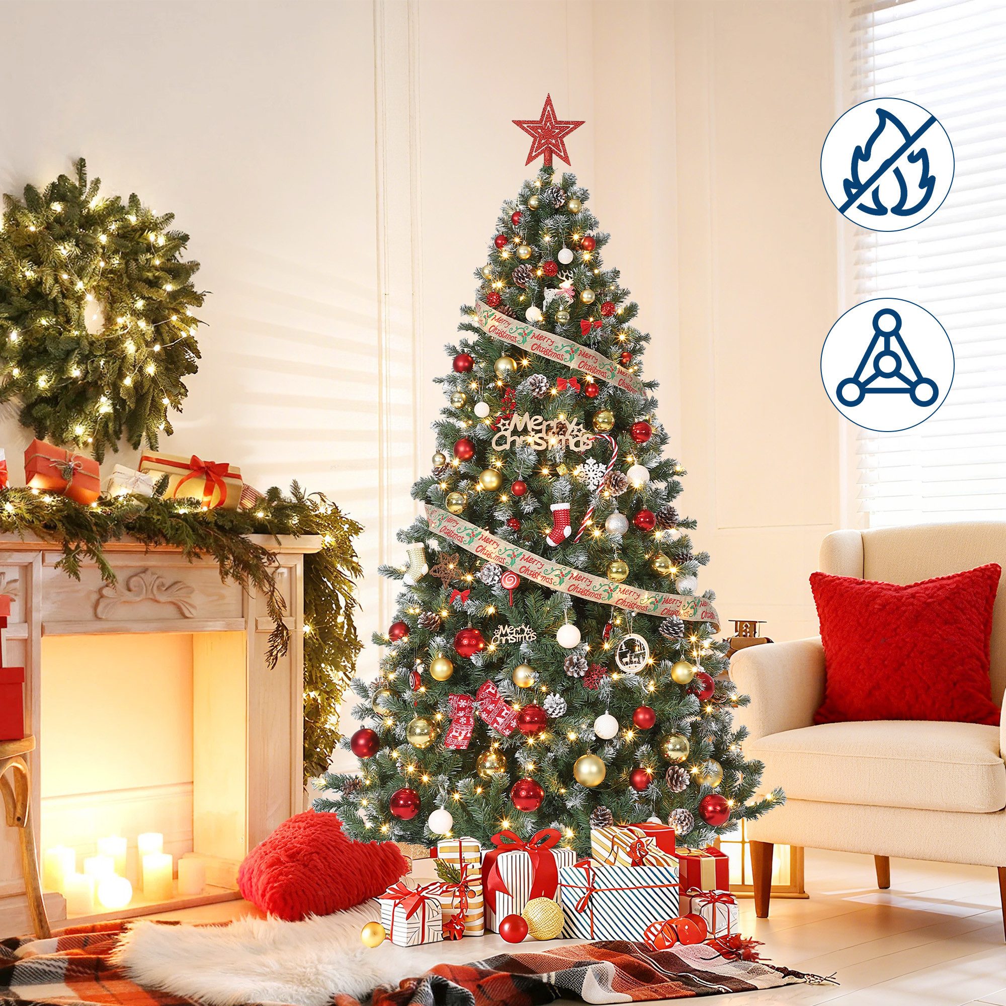 GarveeMore Künstlicher Weihnachtsbaum mit LED-Lichtern & Zapfendekor, naturgetreue Optik, 137/183/229/274 cm, für Wohnzimmer, Büro, Schaufenster – Bild 4 von 5