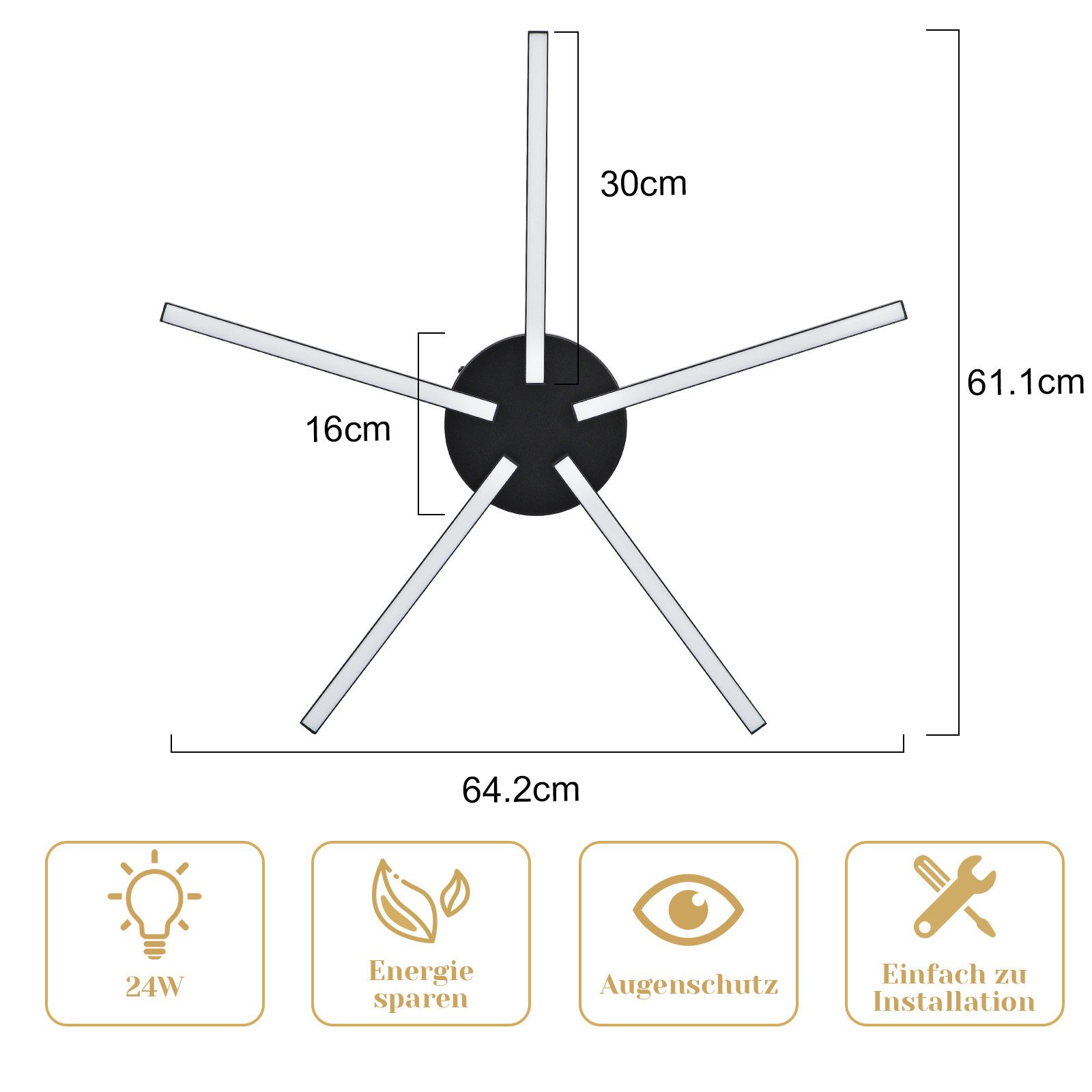 ZMH LED Deckenleuchte Wohnzimmer Schwarz 24W Modern 3000K Nicht Überlappend Design Büro, Augenschutz, Einfache Installtion, LED fest integriert, Warmweiß, 5 Flammig Retro Deckenlampe für Küche Schlafzimmer Flur