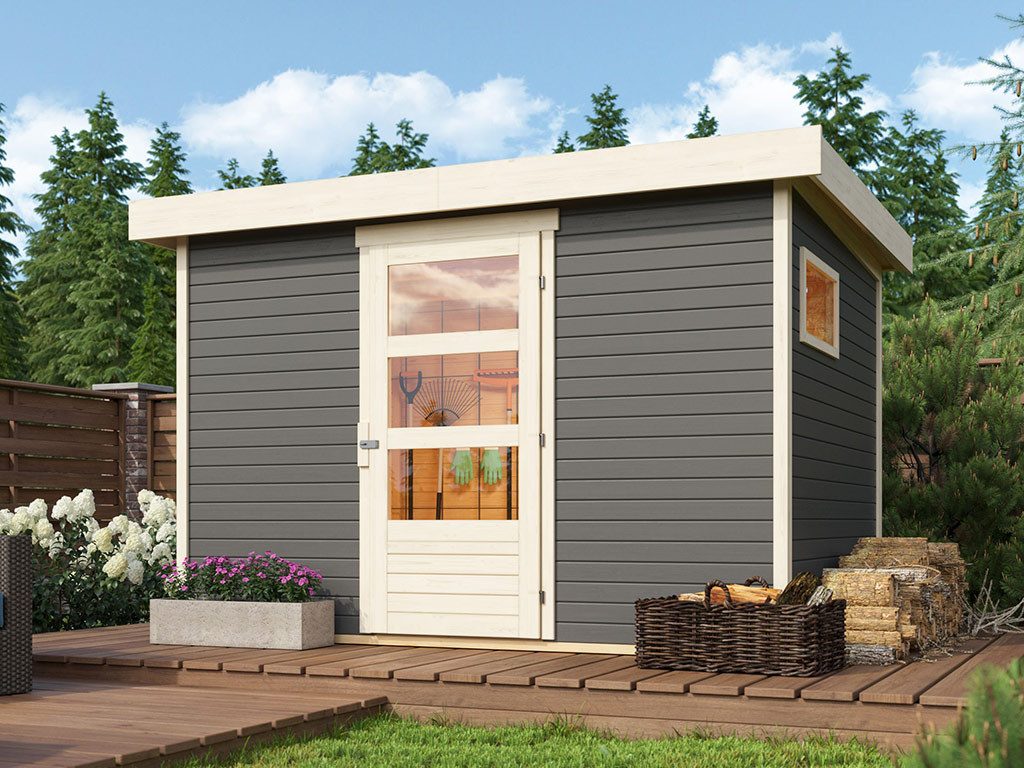 Karibu Gartenhaus Gartenhaus Bielefeld 2 19 mm terragrau, BxT: 330x238 cm, 19 mm Wandstärke, Einzeltür mit Kunstglas-Einsätzen