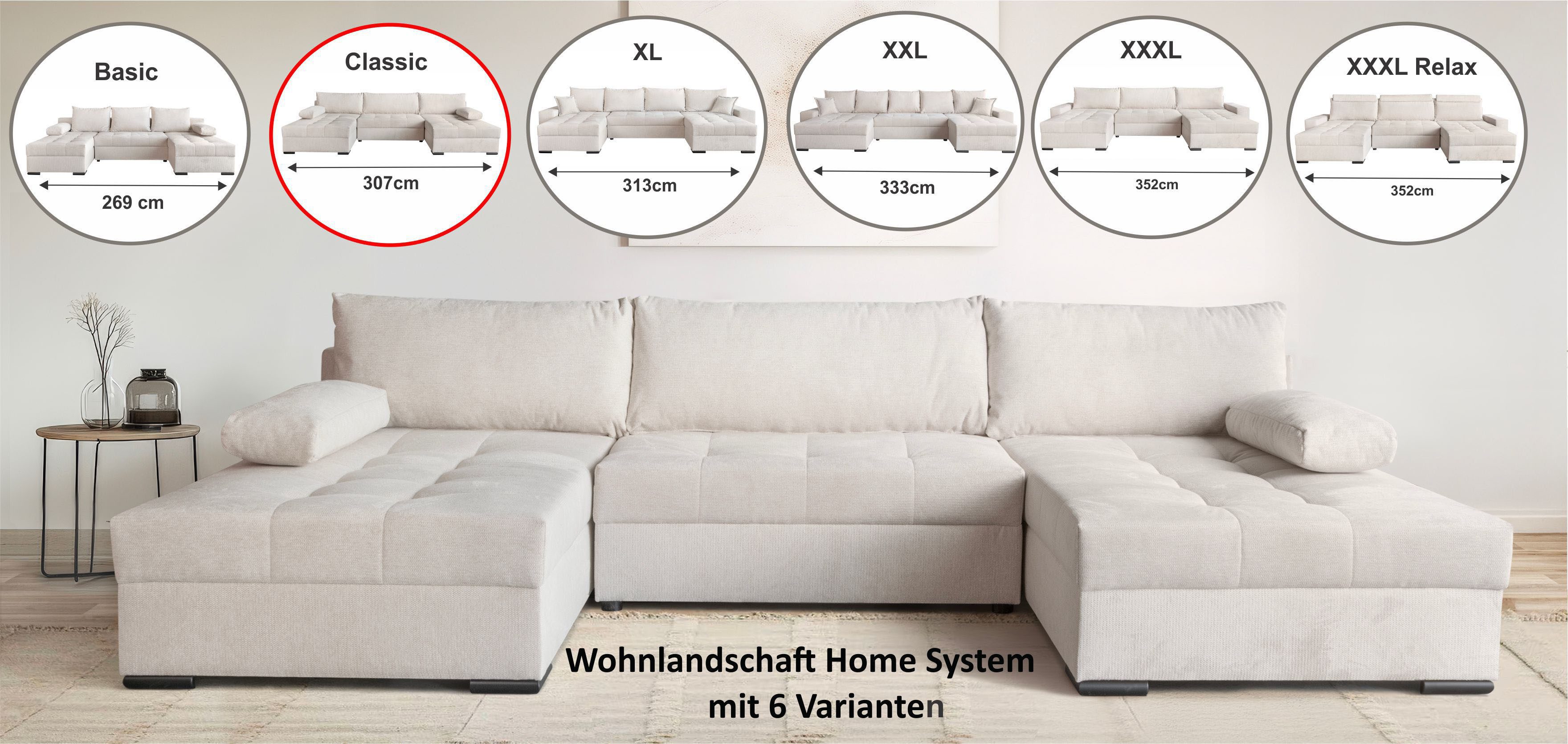 OTTO home Wohnlandschaft Home System U-Form, von B: 269-352 cm wählbar, 6 Varianten zur Auswahl, Bettfunktion, Bettkasten & Zierkissen, Federkern