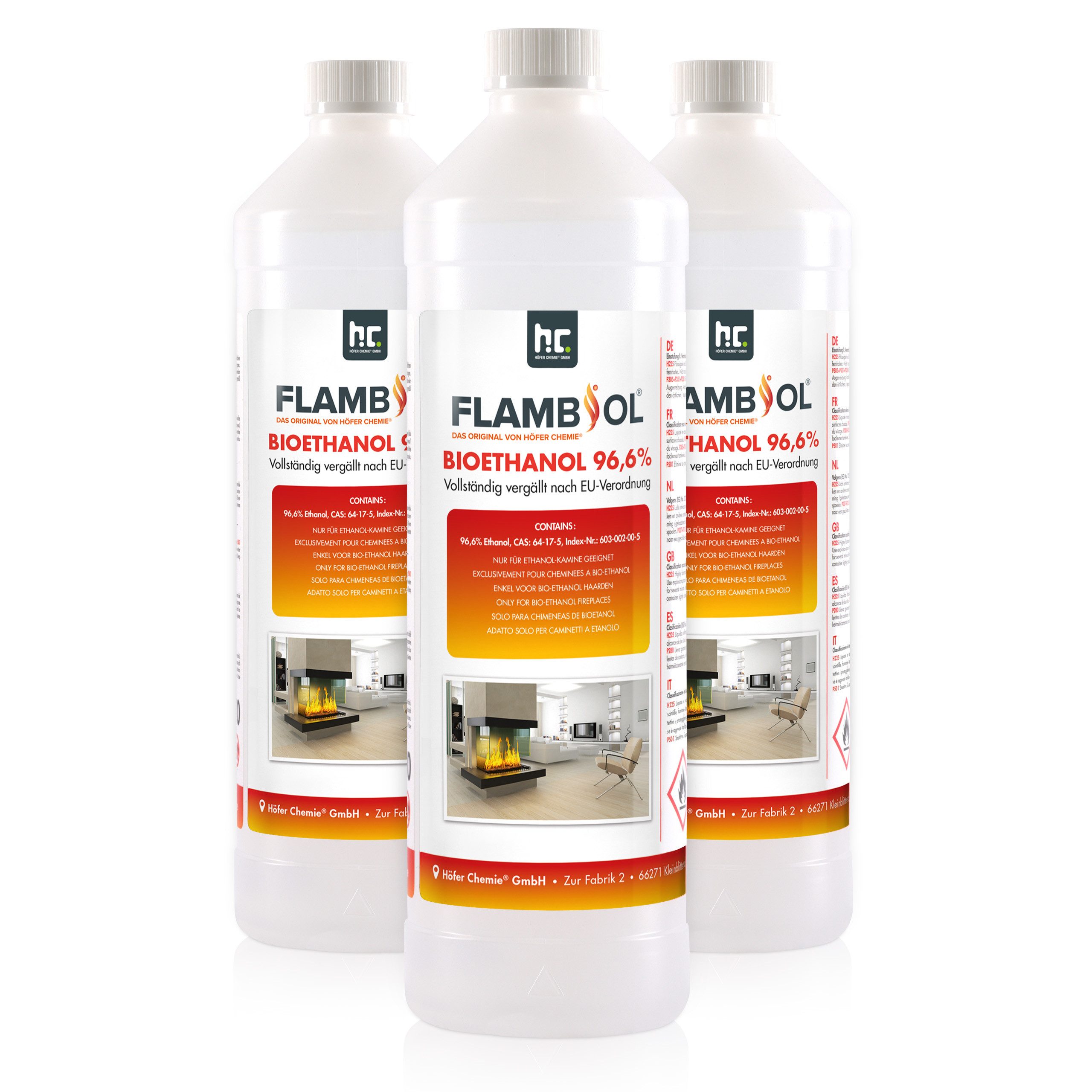 Höfer Chemie GmbH Bioethanol 3x 1 L FLAMBIOL® Bioethanol 96,6% Premium für Tischkamin, 3 l, (3-St), Saubere Verbrennung, geruchs- und rußfrei