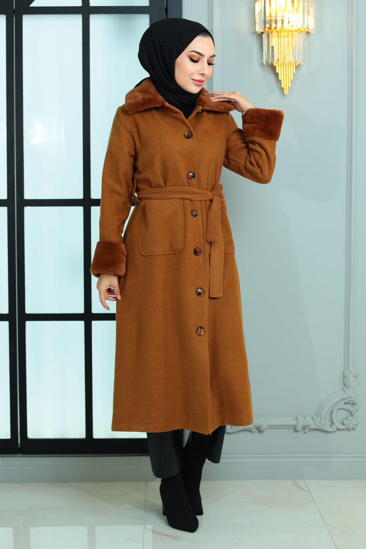 MODAMİHRAM Wintermantel Pelz Detail Wollmantel Beige günstig online kaufen