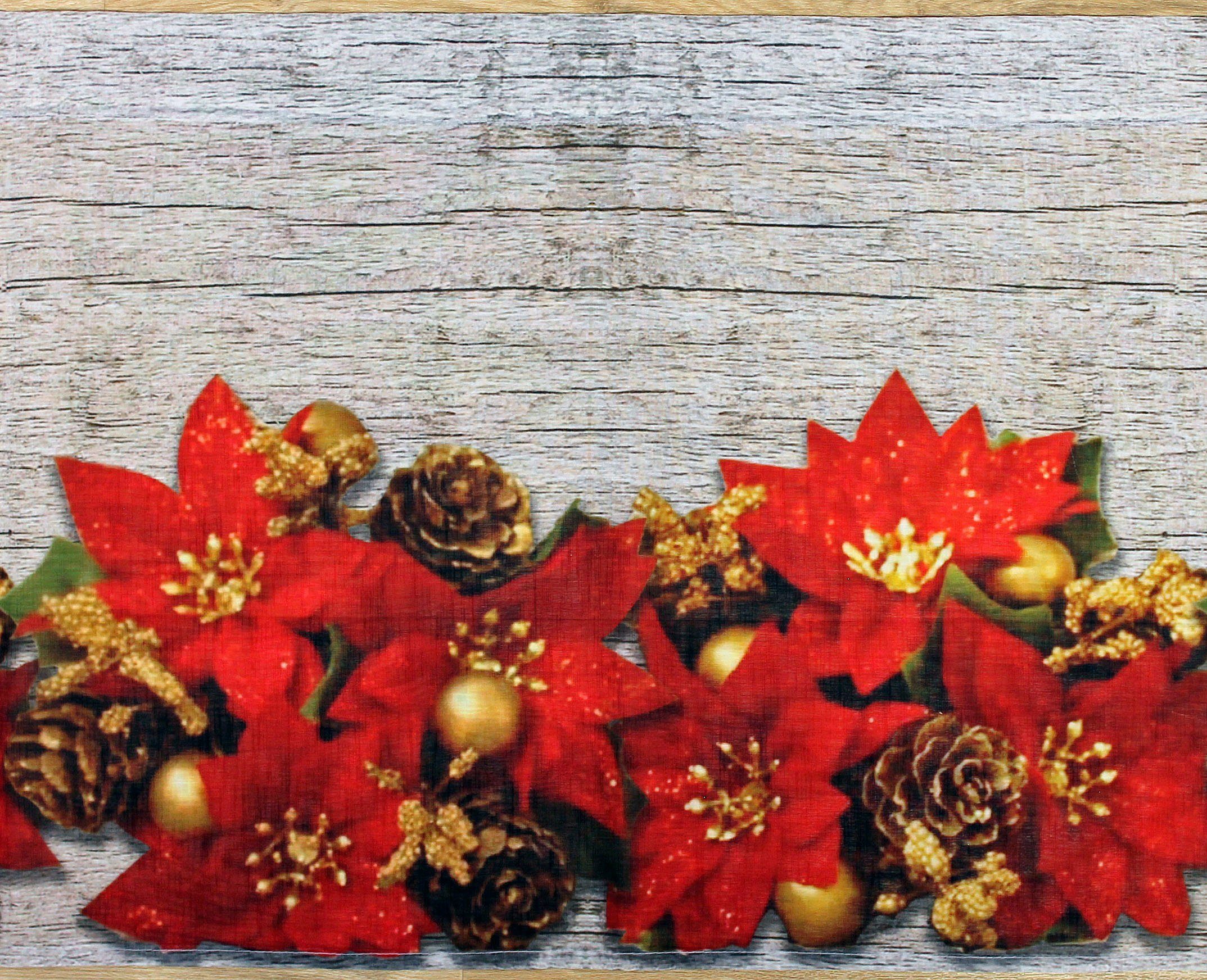 HOSSNER - ART OF HOME DECO Querbehang Weihnachtsstern (1 St), Stangendurchzug, halbtransparent, Organza, Hintergrund in Holzoptik