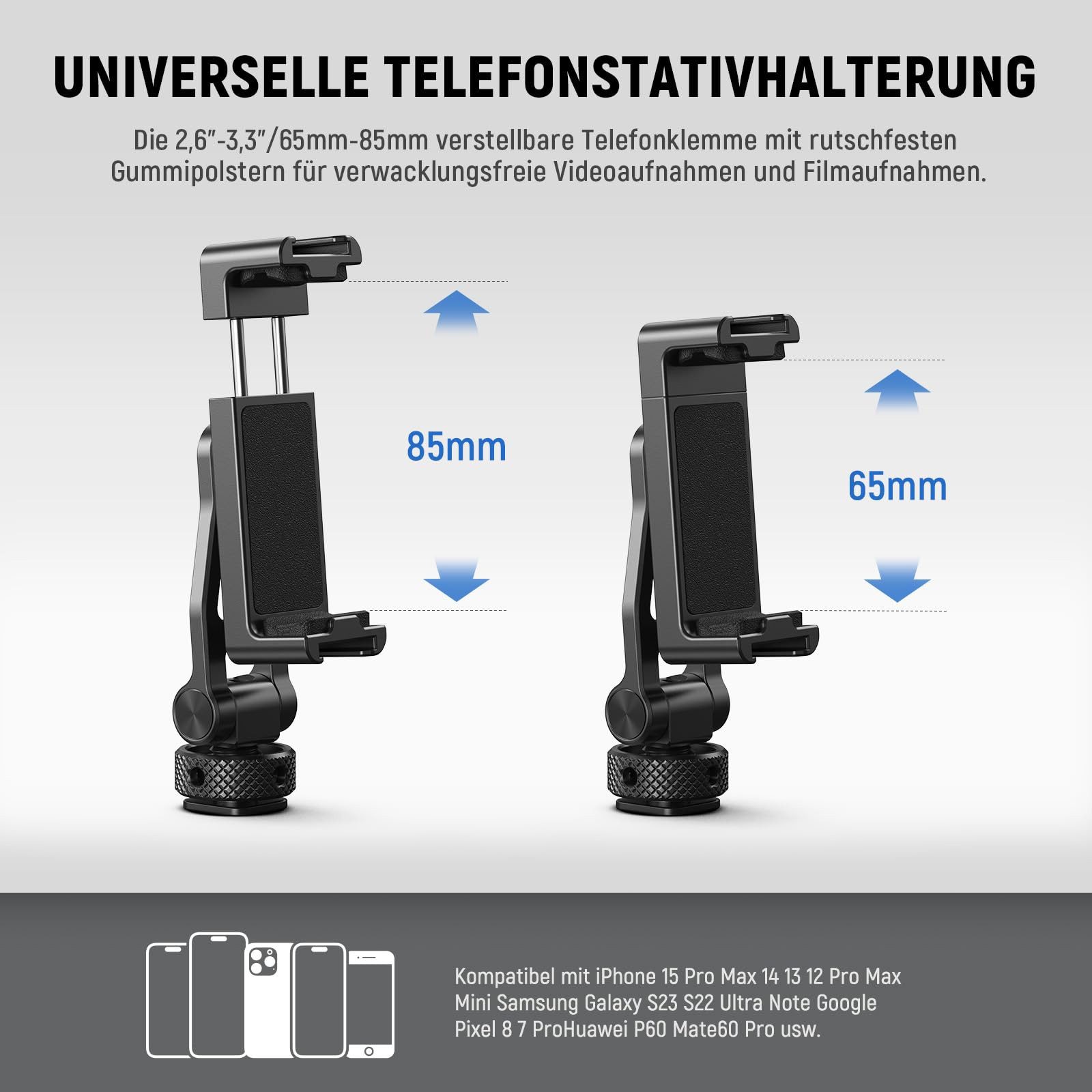 Neewer Handy-Halterung GA010 Metall Handyhalterung mit Kaltblitzschuh & 1/4" Gewinde, (bis 3,3 Zoll, Packung, Drehbare Telefonklammer)