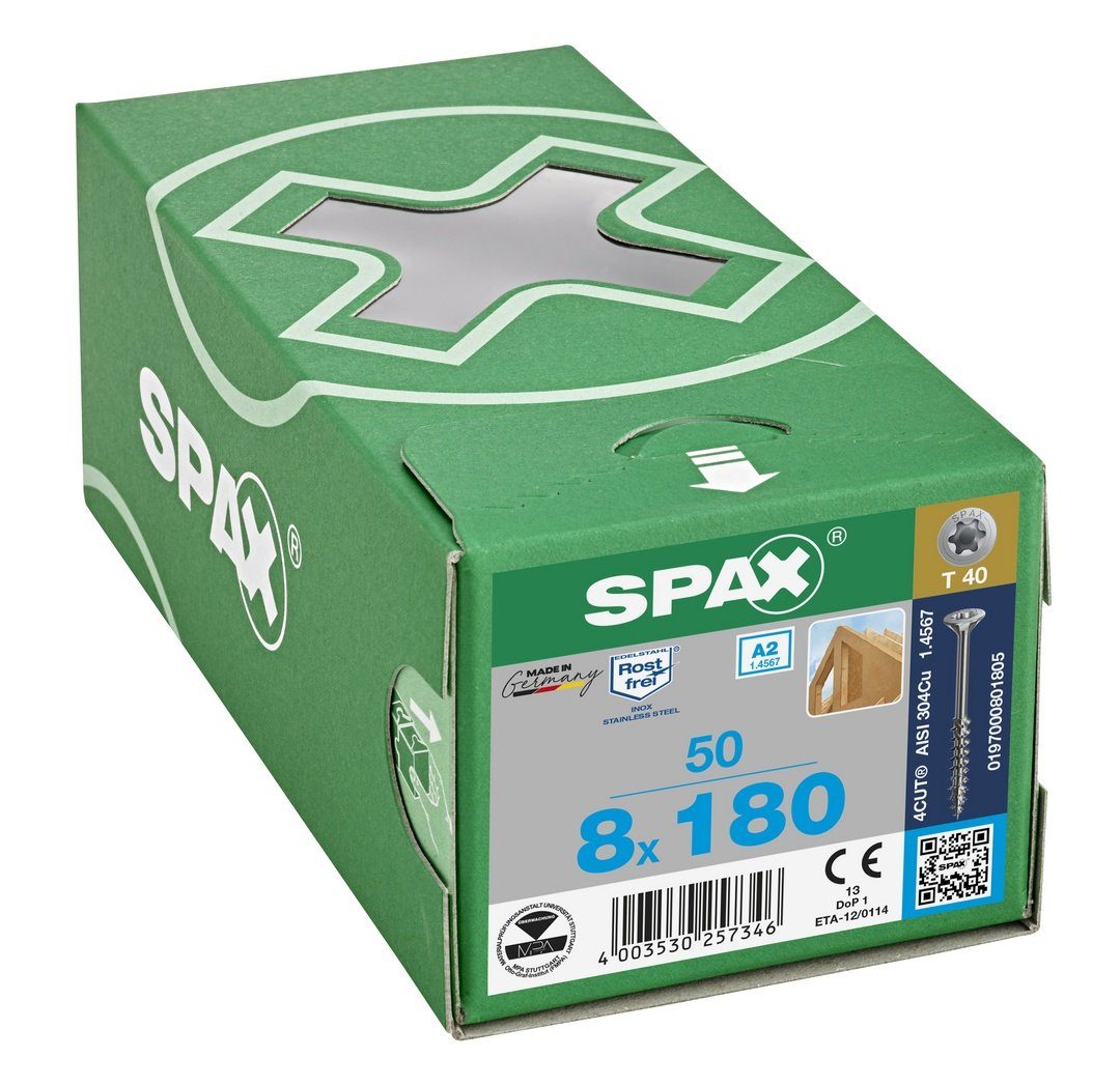 SPAX Spanplattenschraube Edelstahlschraube, (Edelstahl 50 St), 8x180 A2, mm