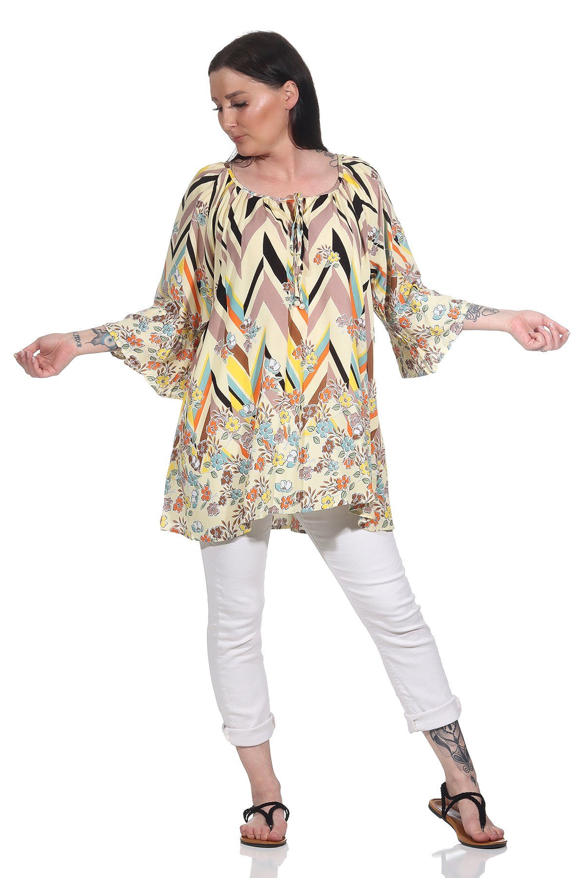 Oversize-Shirt Strandshirt 76 Bluse Aurela leichtes Damen sommerliche angenehmes Gesamtlänge: Tunika Baumwollmaterial, - Damenmode Gelb 78cm