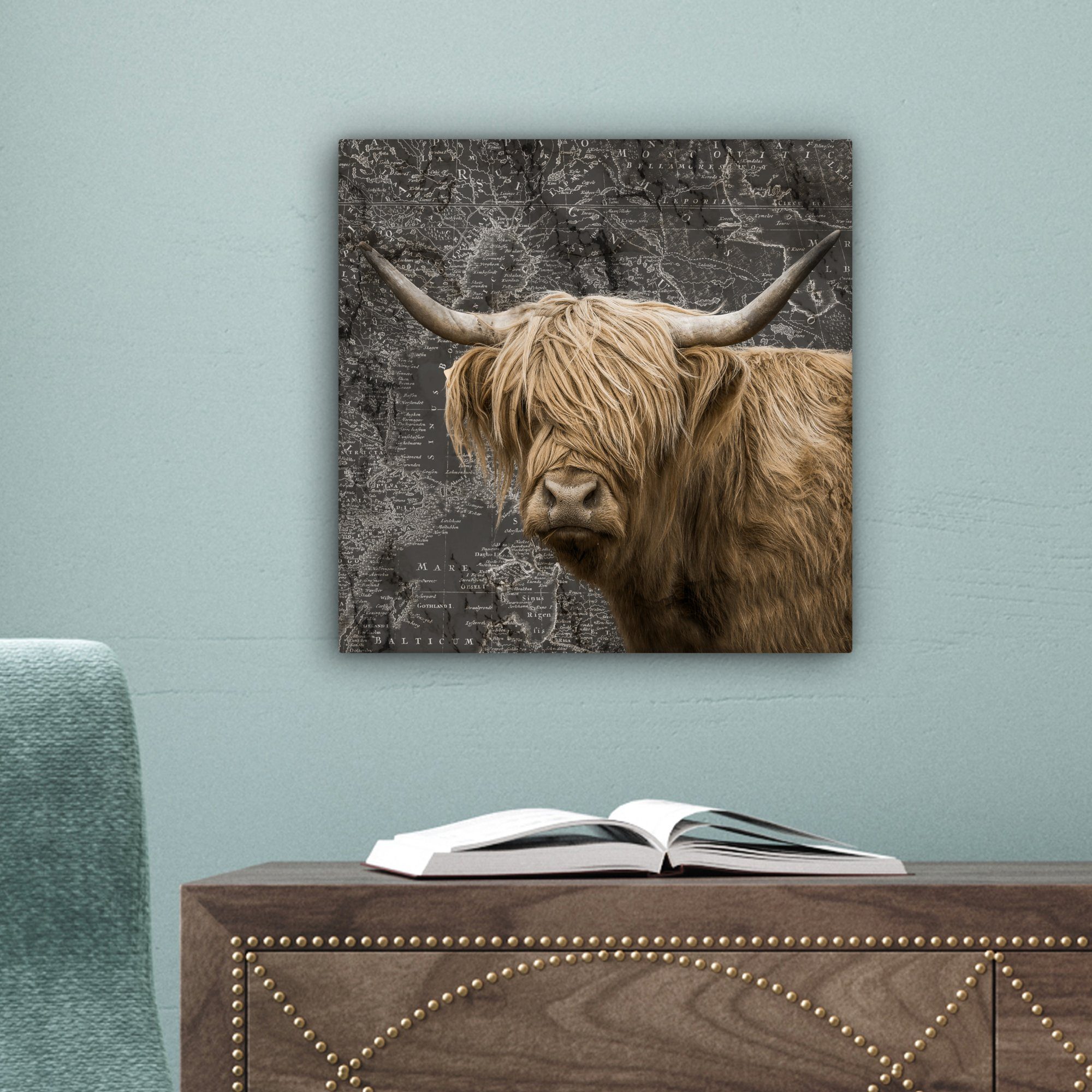 Wohnzimmer OneMillionCanvasses® Schlafzimmer, - (1 Weltkarte Tiere, Highlander Leinwandbild für 20x20 St), cm Leinwand Schottischer - Bilder