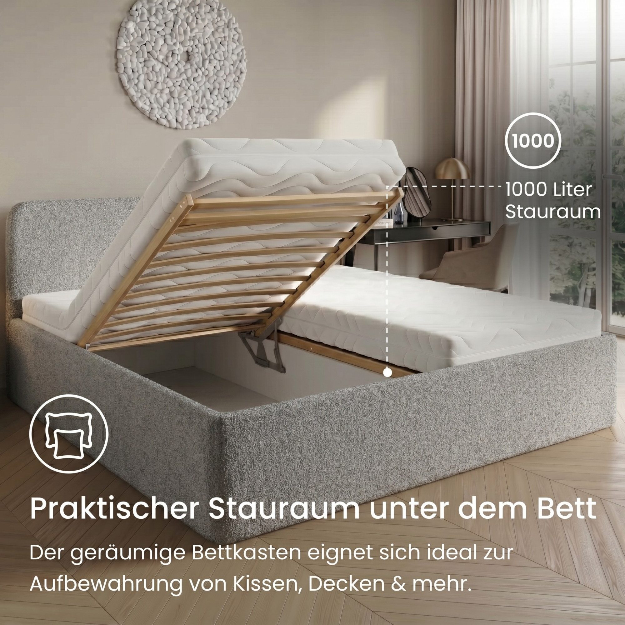 Home Collective Polsterbett Bett mit Stauraum, verstellbarem Lattenrost, viele Größen (Größen: 100x200 120x200 140x200 160x200 180x200 200x200, trendiger Bouclé – Bild 3 von 5