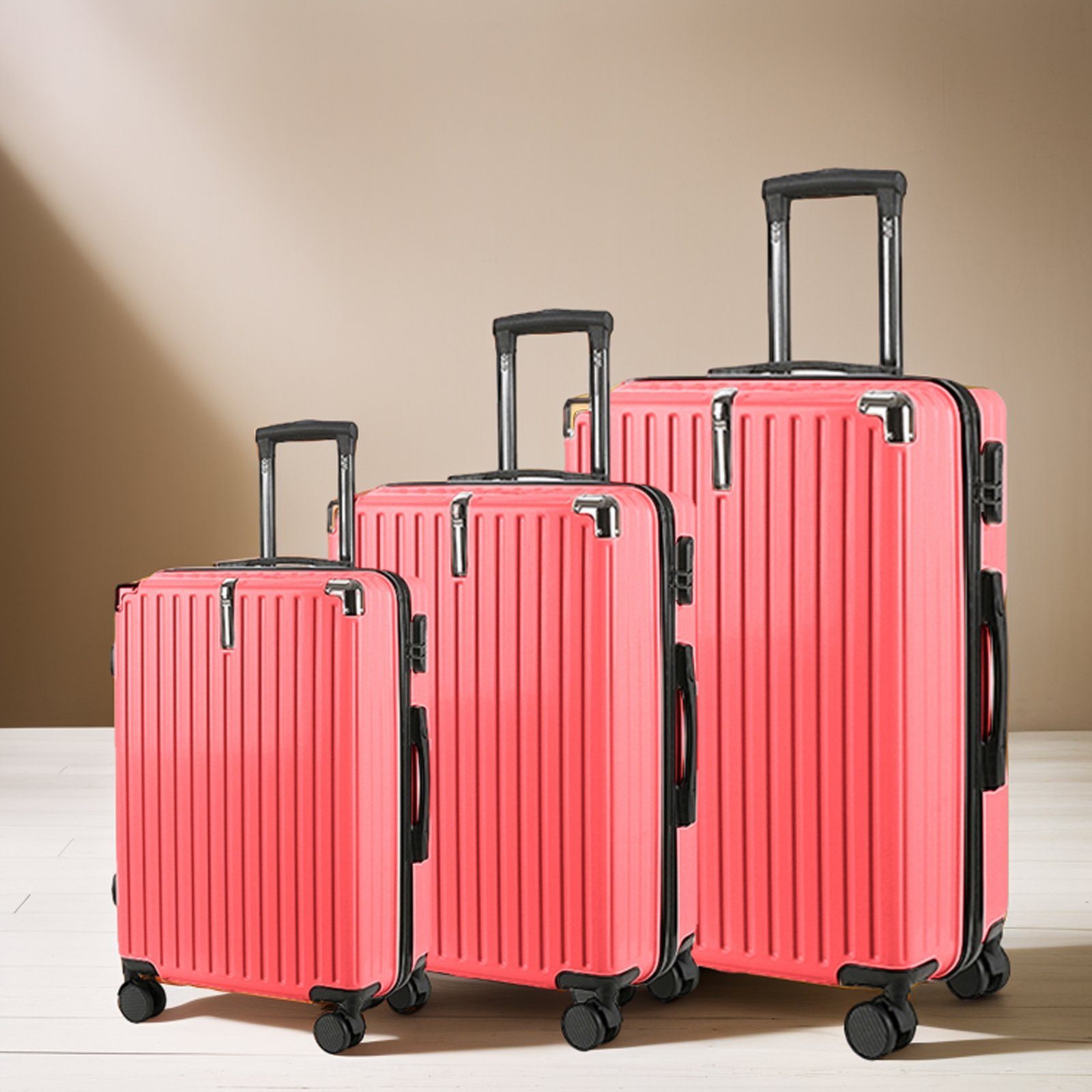 FUROKOY Kofferset 3-teiliges Set, Hartschalen-Handgepäck ABS-Material, , Rollkoffer, Reisekoffer mit Zahlenschloss rosa