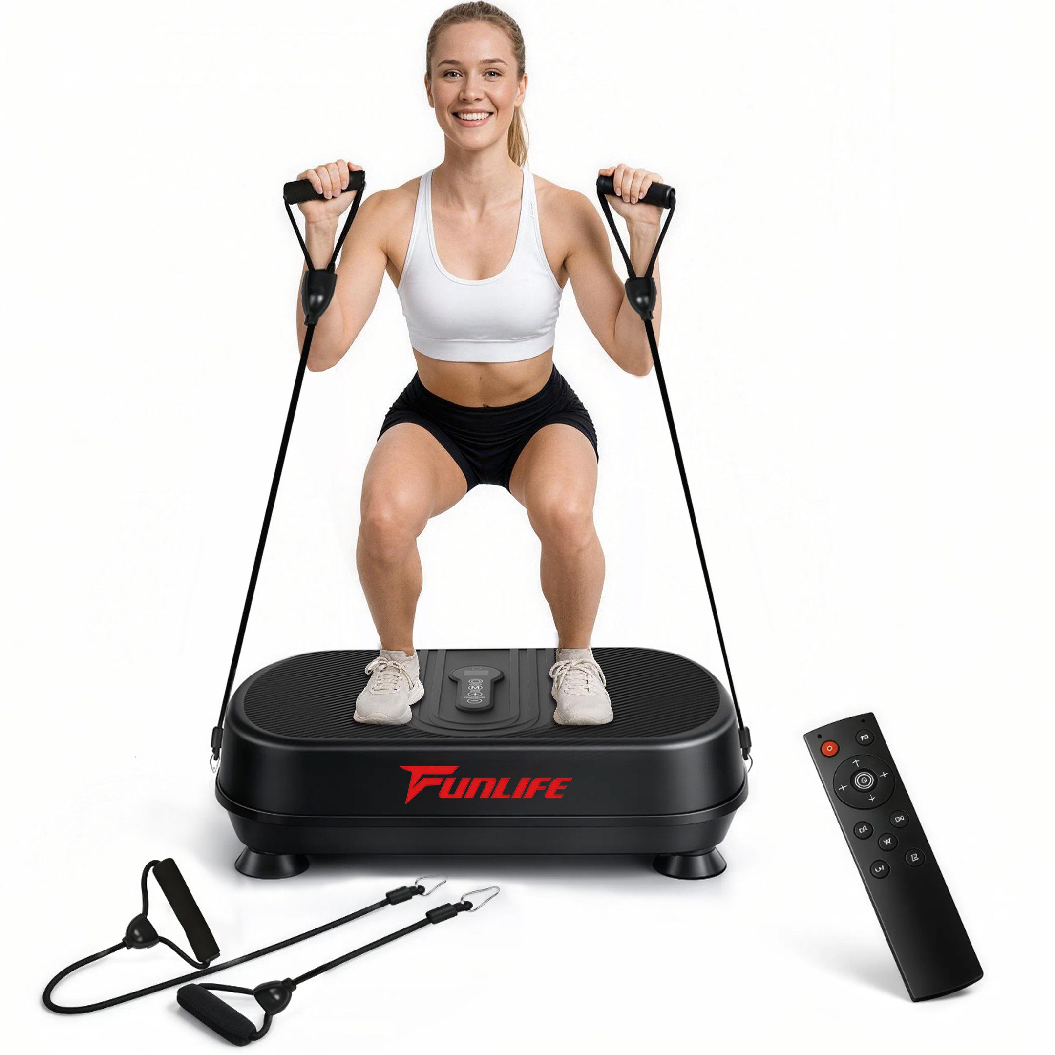 FunLife Vibrationsplatte Bluetooth-Musik & 5 Trainingsprogramme, 200 W, 120 Intensitätsstufen, (Einzelgerät, Ganzkörpertraining), Fernbedienung · Trainingsbänder inklusive