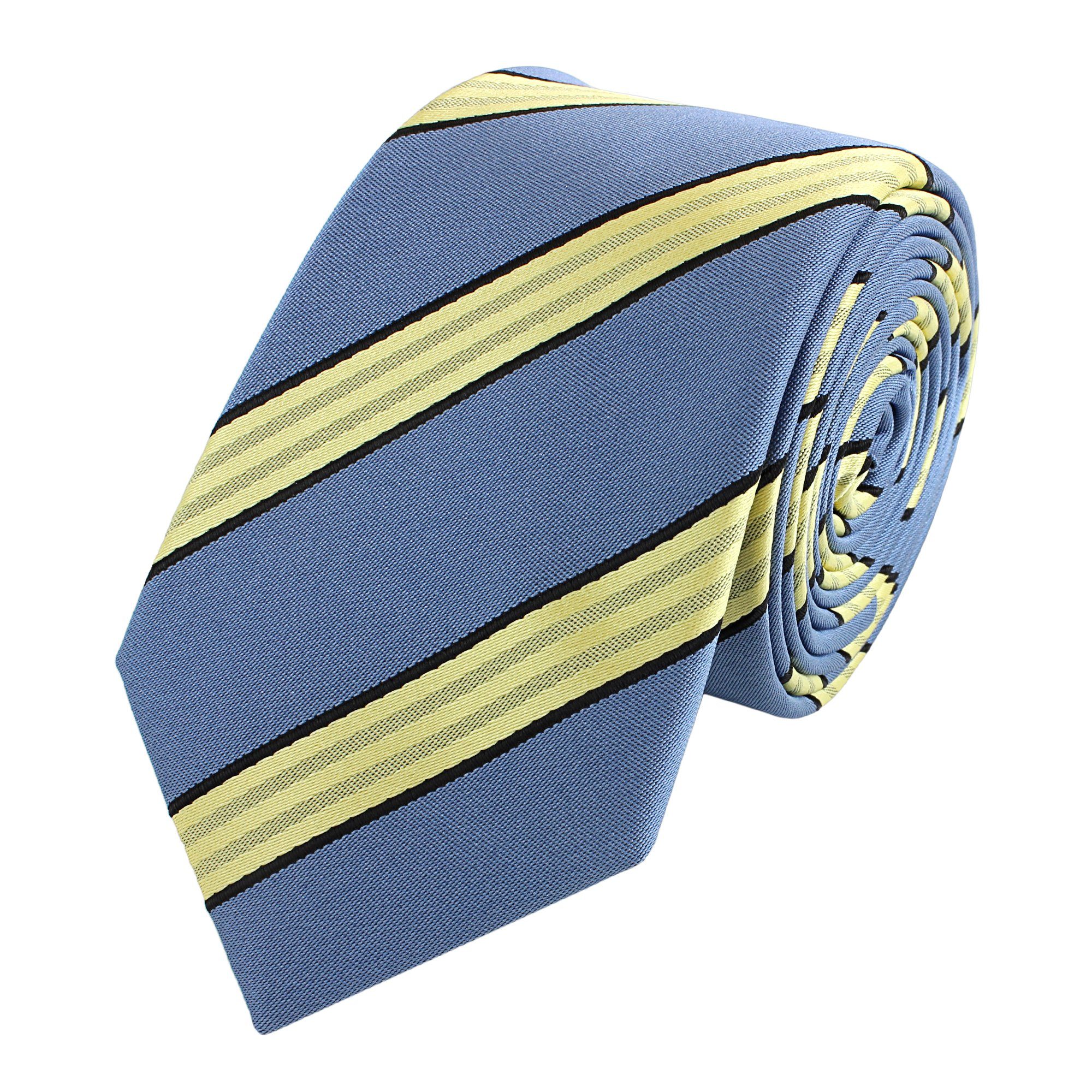 Fabio Farini Krawatte Herren Krawatte Blautöne - verschiedene Blaue Männer Schlips in 6cm (ohne Box, Gestreift) Schmal (6cm), Blau Gelb - Glacier Blue/Creamed Butter/Black