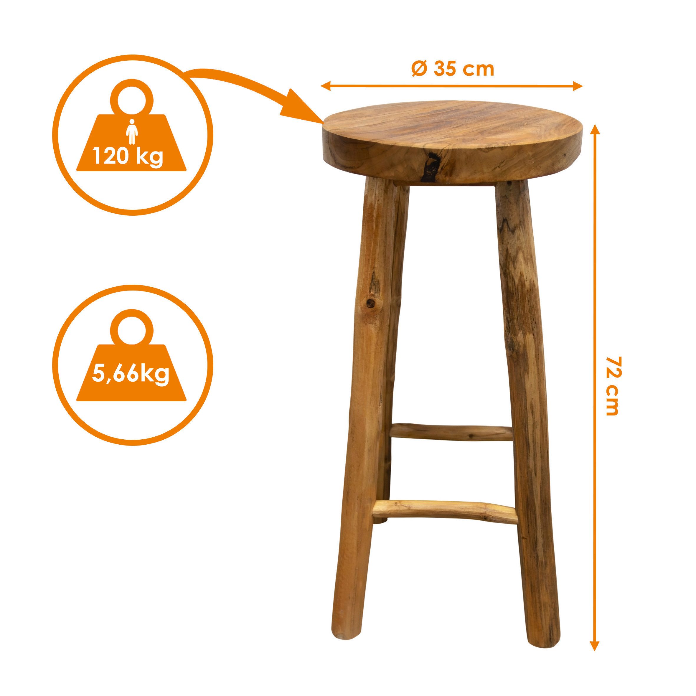 Spetebo Barhocker Teakholz Tresenhocker geölt (auf 4 Füßen, natur), Massivholz Barhocker im Landhaus Stil