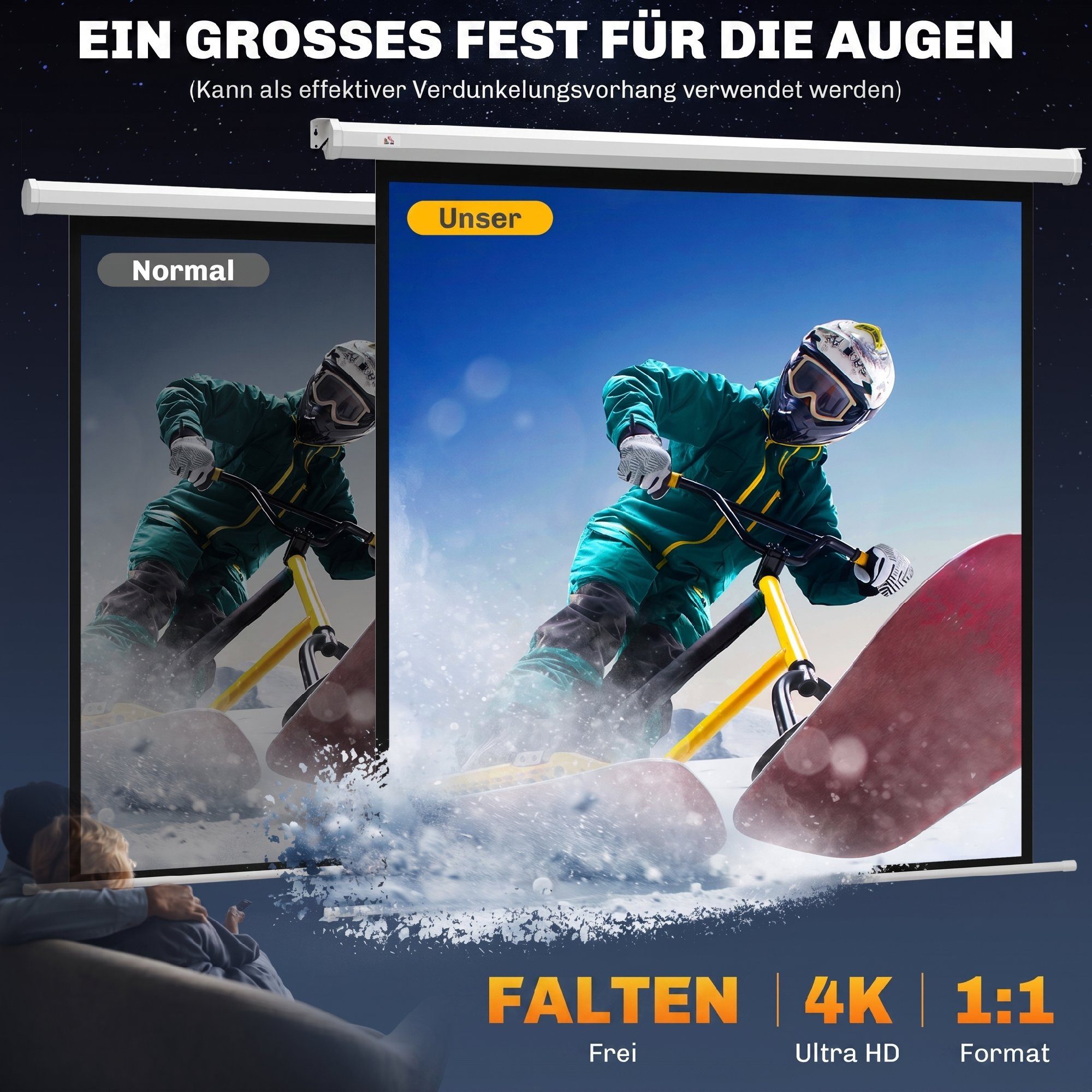 HOMCOM Leinwand 92 Zoll 1:1 HD 4K Rollo-Leinwand Projektionsleinwand, für Heimkino Büro-Präsentationen – Bild 4 von 5
