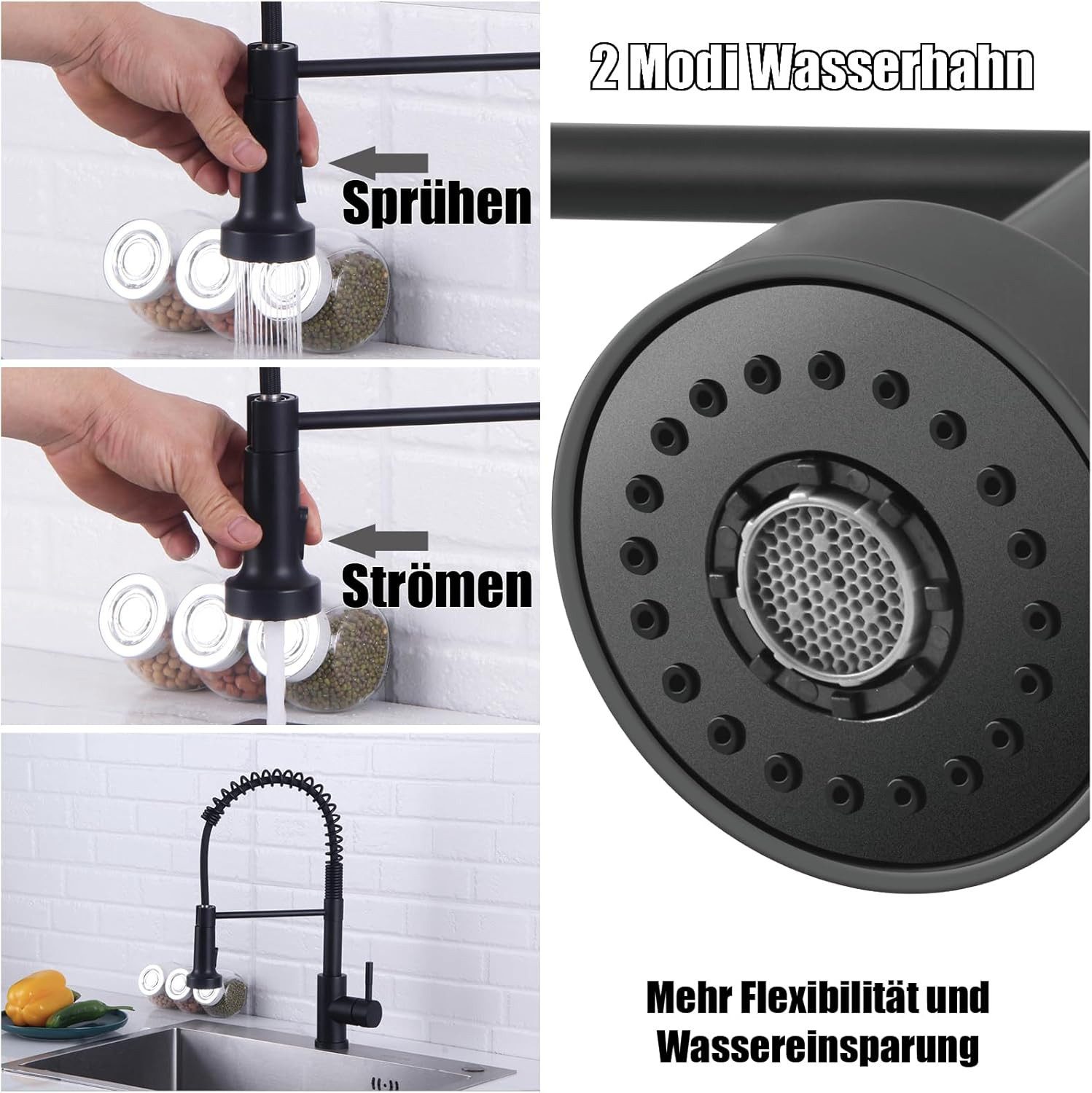 Athlix Küchenarmatur Wasserhahn Küche Schwarz, Hochdruck Küchenarmatur mit Brause Standard G3/8 Anschluss, 360° schwenkbar, Edelstahl – Bild 4 von 5