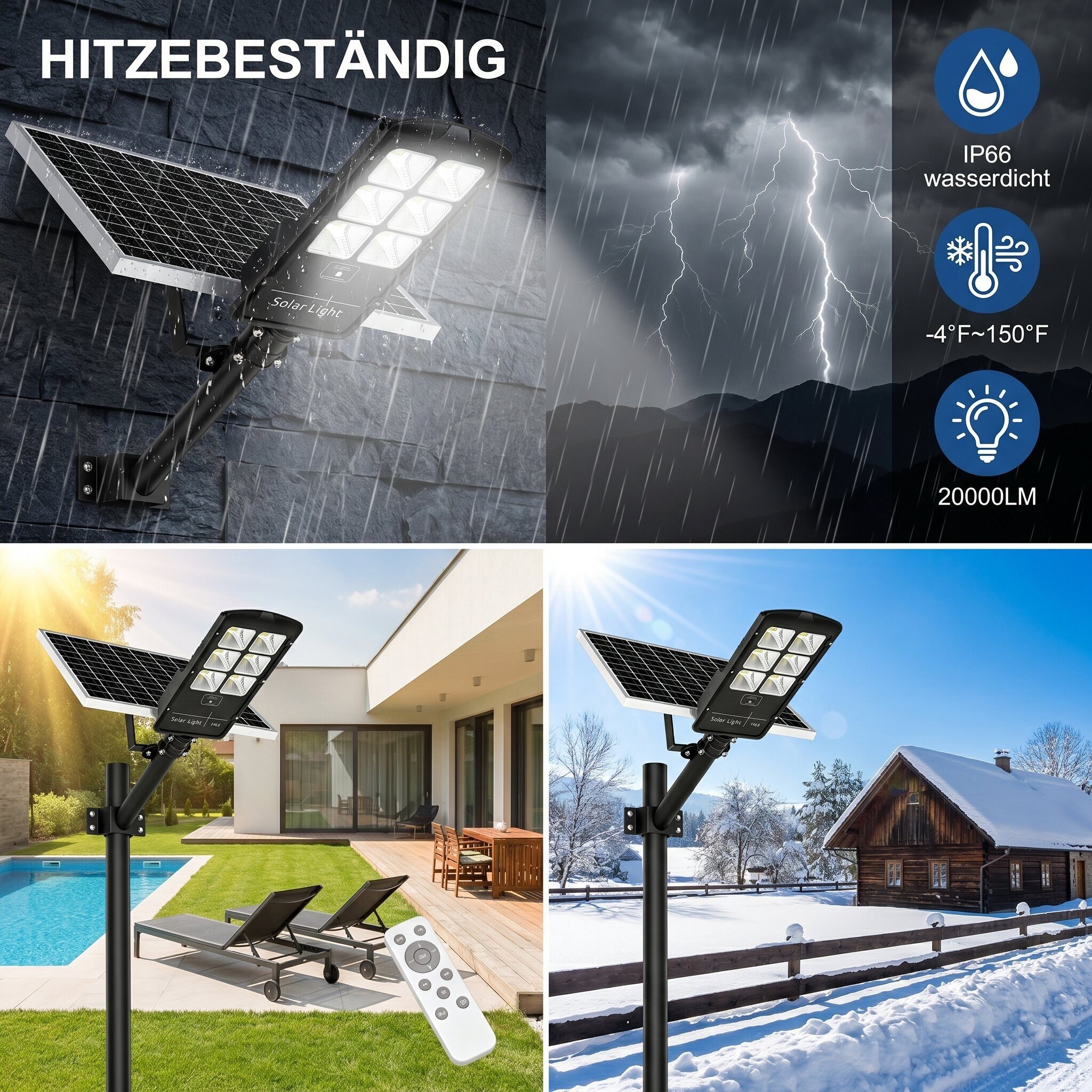 oyajia LED Außen-Wandleuchte 400W Solarlampen für Außen mit Fernbedienung, 6500K, Straßenlaterne, Solarlampen für außen + wetterfest, LED fest integriert, Kaltweiß, Wand- & Mastmontage, Daemmerungssensor IP66 für Garten, Hof, Parkplatz