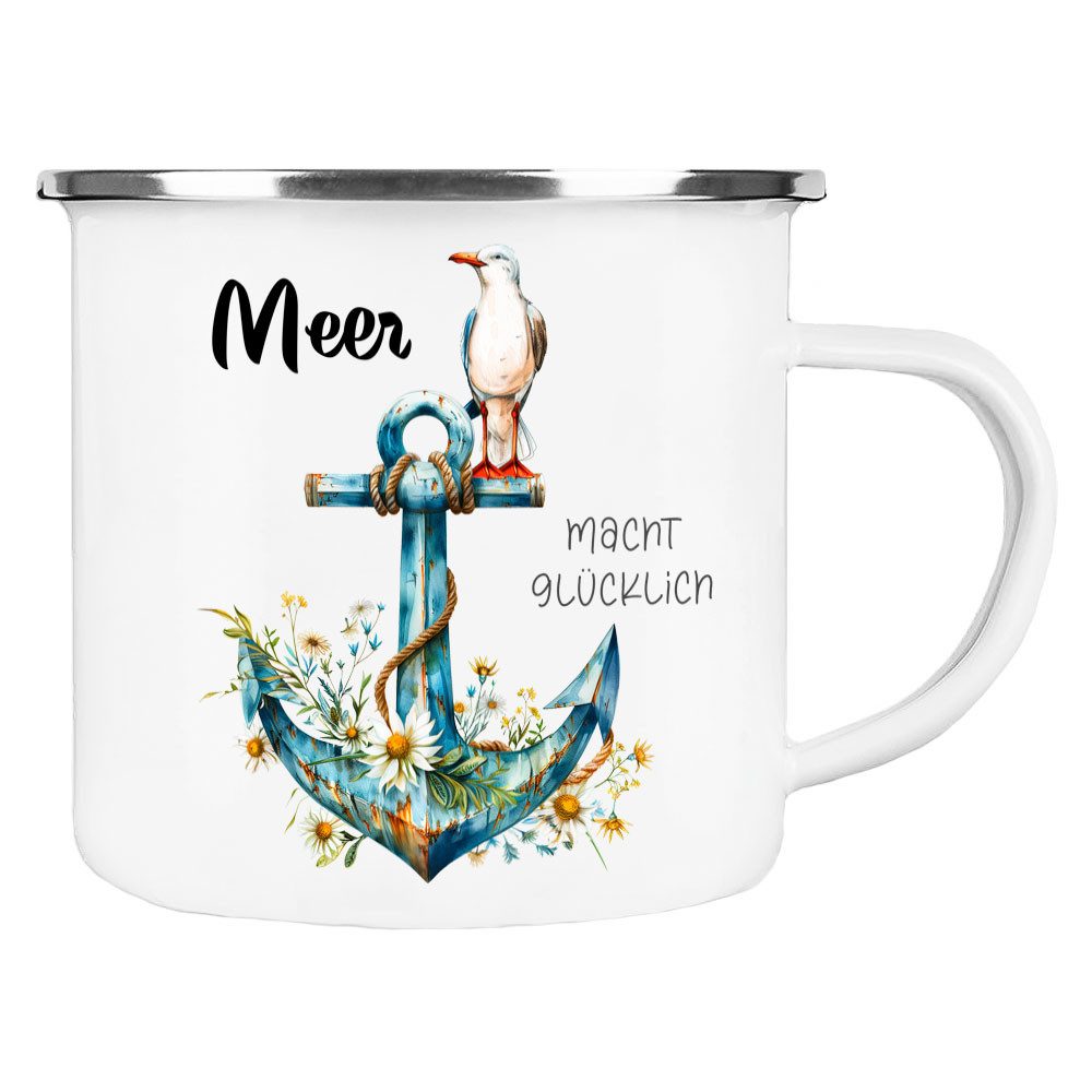 Cadouri Tasse MEER MACHT GLÜCKLICH Camping Emaille Tasse, Campingtasse, Metall, Campingbecher, Kaffeetasse, Anker, maritim, Geschenk, 300 ml