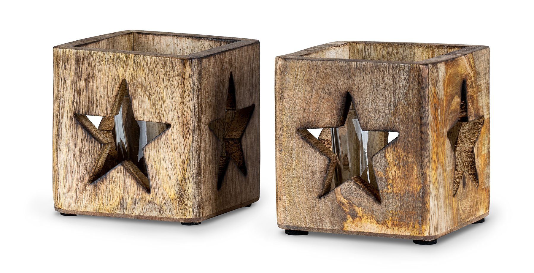 Levandeo® Настільні лампи, 2er Set Windlicht Stern 9cm Mangoholz Teelicht Glaseinsatz