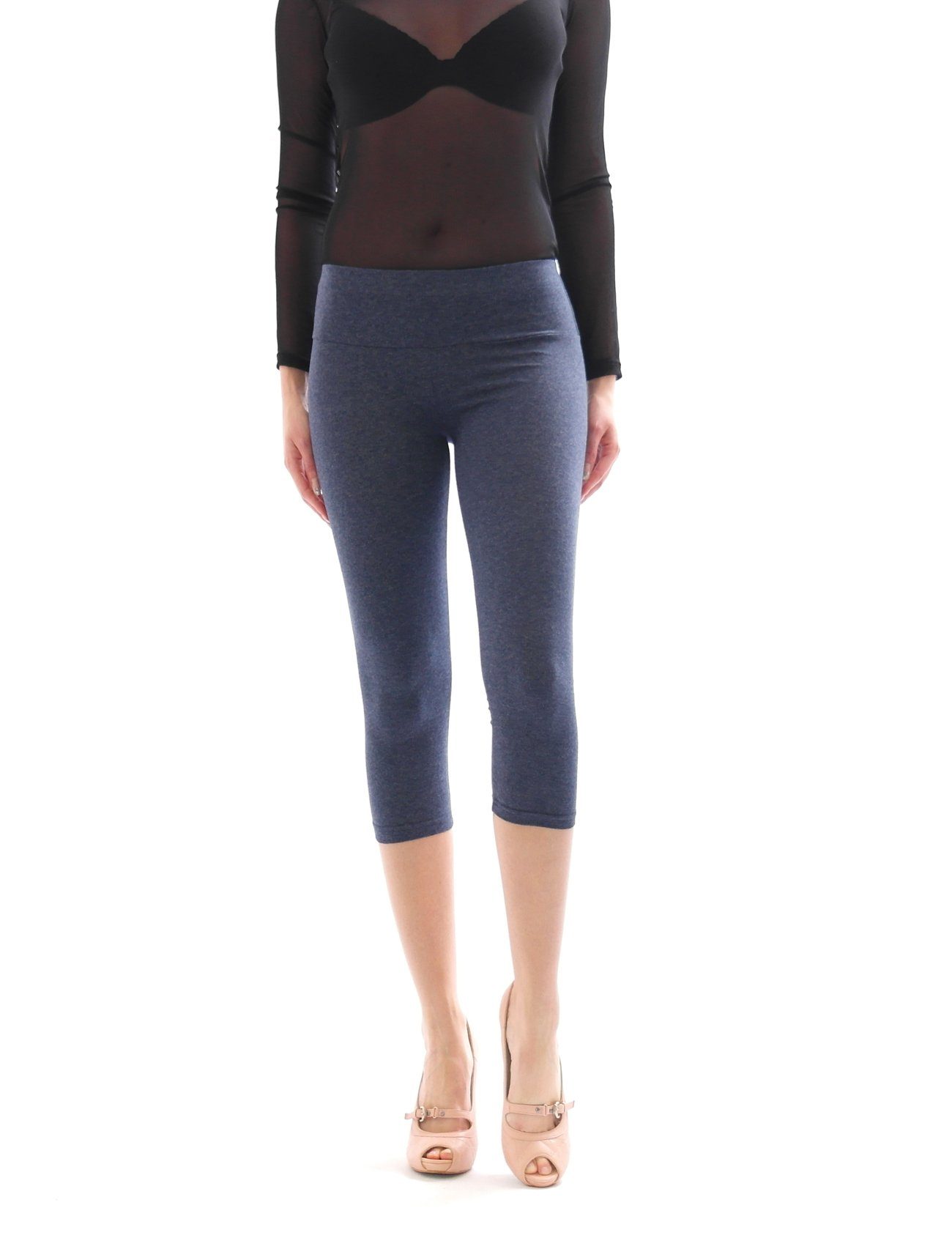 Baumwolle Hose 3/4 Caprileggings SYS mit Bund jeans Leggings hoher Capri Damen Leggins Taschen