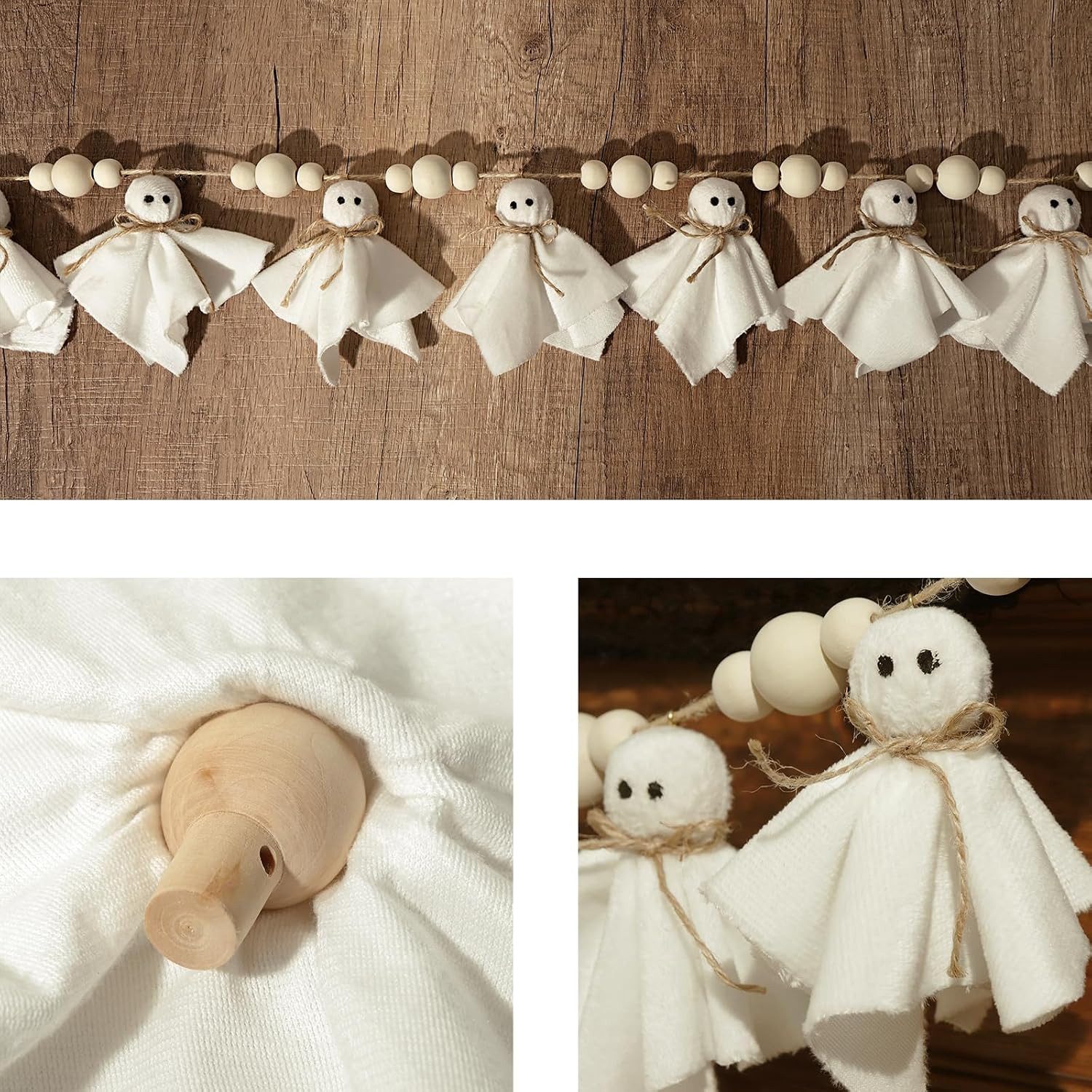 Sorvyzxn Dekohänger Halloween Girlande 1er Set, Weiße Geister-Deko mit Holzperlen, Niedliche Gespenster-Girlande für Kaminsims, Wand & Zuhause – Bild 5 von 5