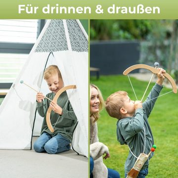 BOWRILLA Kinderbogenset Pfeil und Bogen Kinder Holzspielzeug ab 3 Jahren (Bogenschießen Set, inkl. 5 Pfeilen, 4 Zielscheiben und Pfeiltasche)