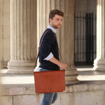 SID & VAIN Messenger Bag Leder Umhängetasche Unisex SPENCER, Laptoptasche 15 Zoll Echtleder, Businesstasche Damen Herren braun