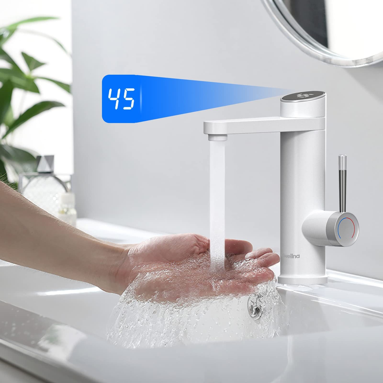 Oihpaw Durchlauferhitzer Wasserhähne, 3000 W Temperaturanzeige, weiß Bad Küche Waschbecken Wasserhähne, 120° schwenkbar