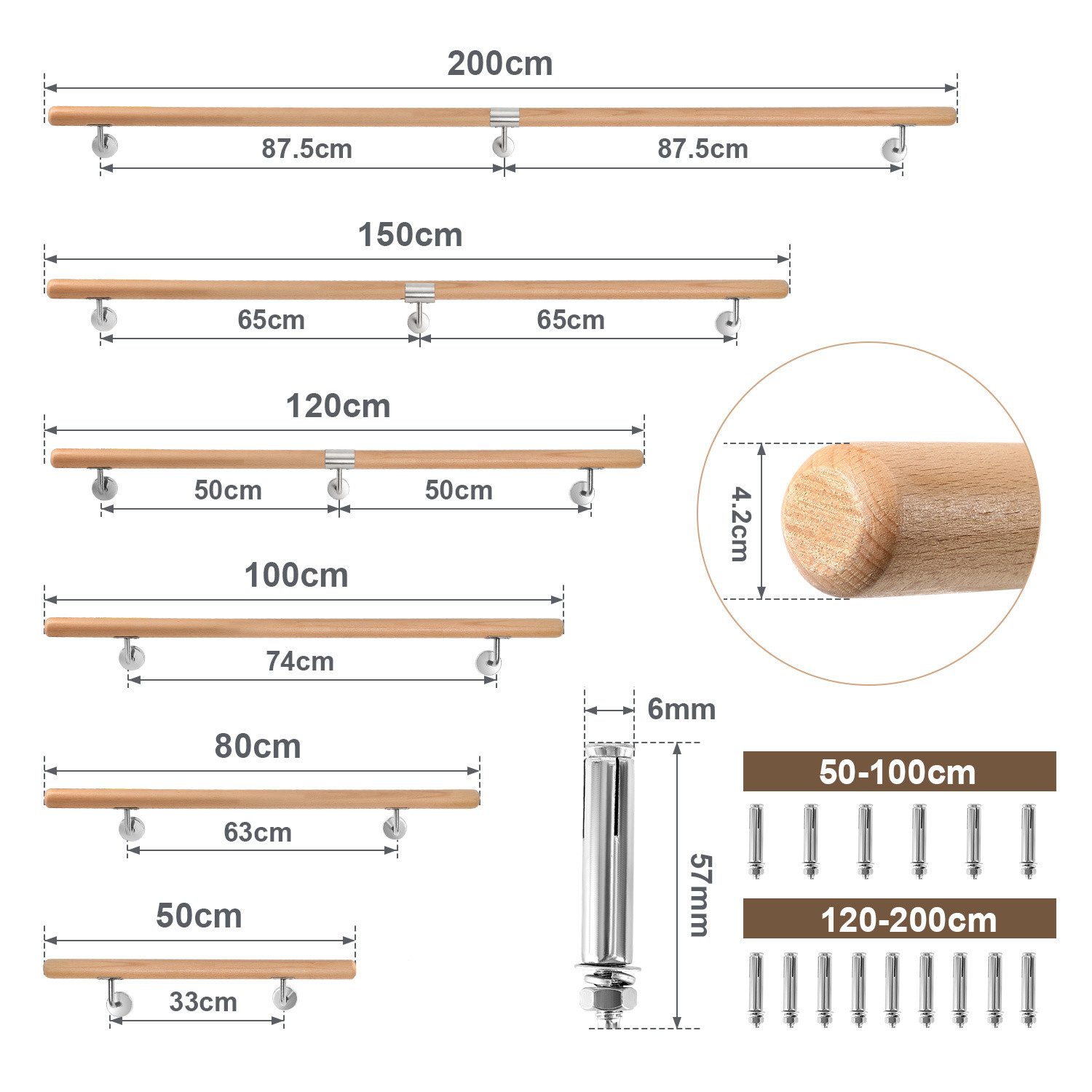 Clanmacy Handlauf 50cm mit gewinkelte Halter Stufe Wand Geländer Handlaufset, 50 cm Gesamtlänge, (Wandhandlauf Wandhalterung Innen & Außen), Wandhandlauf Wandhalterung Innen & Außen