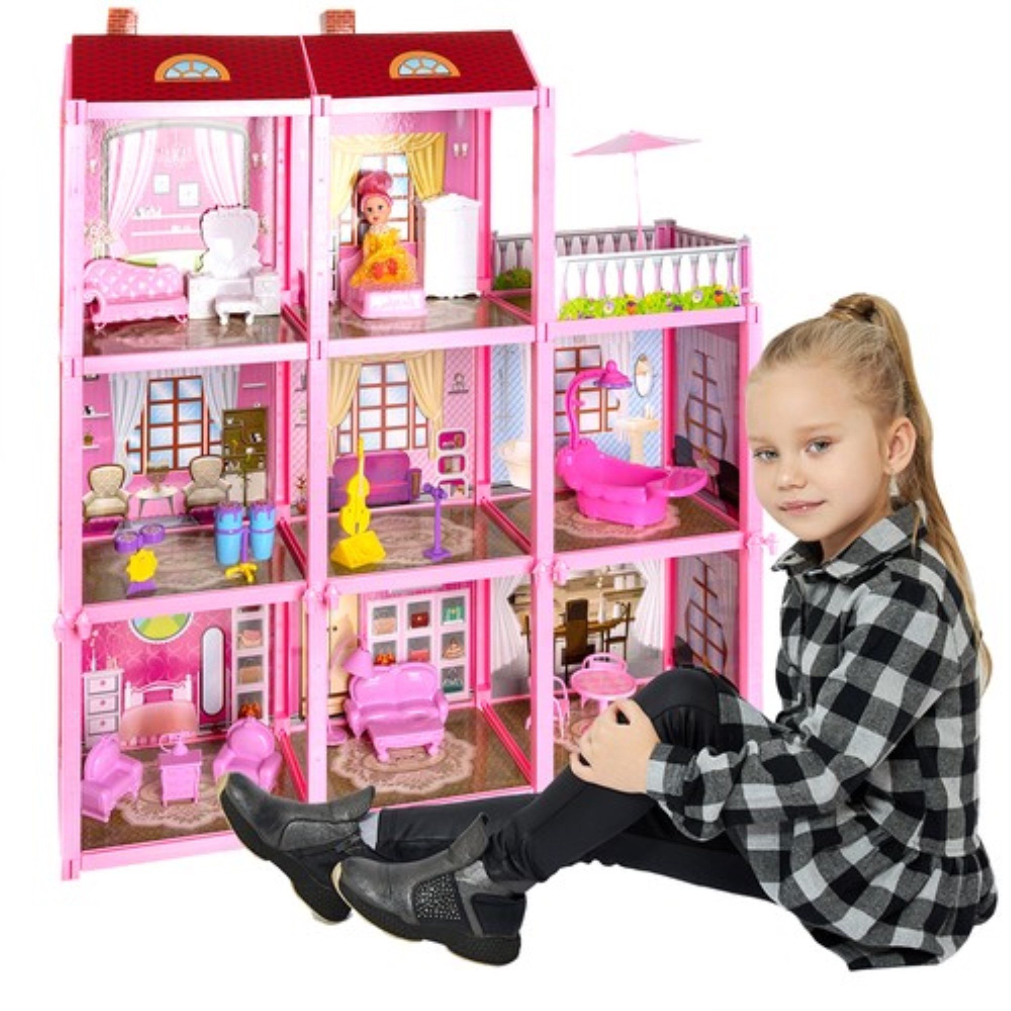 KRUZZEL Puppenhaus Puppenvilla mit Puppenfigur: Großes Puppenhaus-Set, (Puppenhaus-Set, Puppenhaus mit 3 Ebenen und Ausstattung), Großes Puppenhaus mit 8 Zimmer – Bild 2 von 5