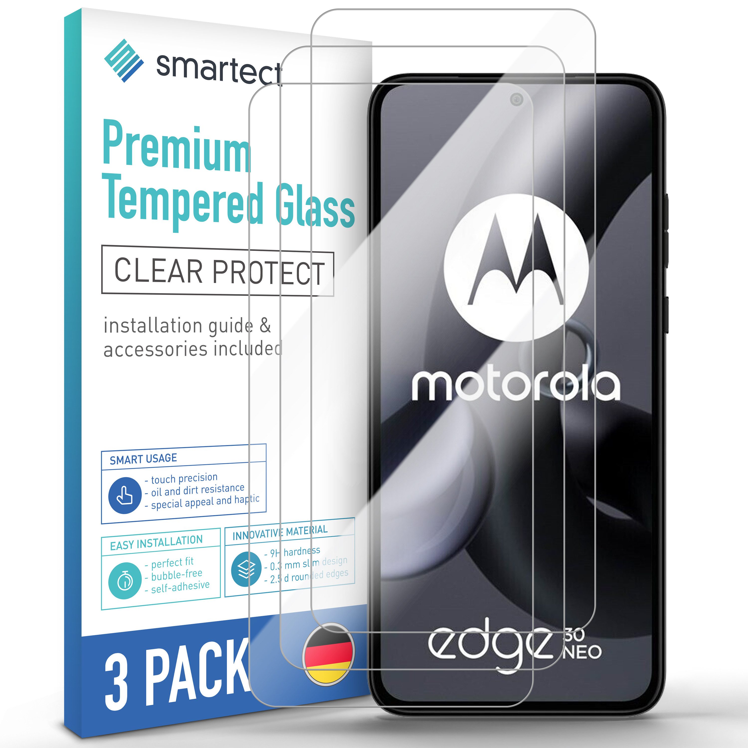 smartect Displayschutzglas 3X Schutzglas Panzerfolie Klar für Motorola Edge 30 Neo für Motorola Edge 30 Neo, Set, 3 Stück, 0.3 mm Ultra-klar, 9H Härte, Kratzfest, Stoßfest, Blasenfrei, Oleophob