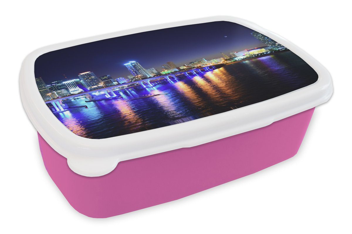 Licht Erwachsene, Wasser Brotdose - MuchoWow Kunststoff rosa Skyline, Brotbox - - (2-tlg), Lunchbox Kunststoff, Snackbox, Nacht Mädchen, für Kinder,