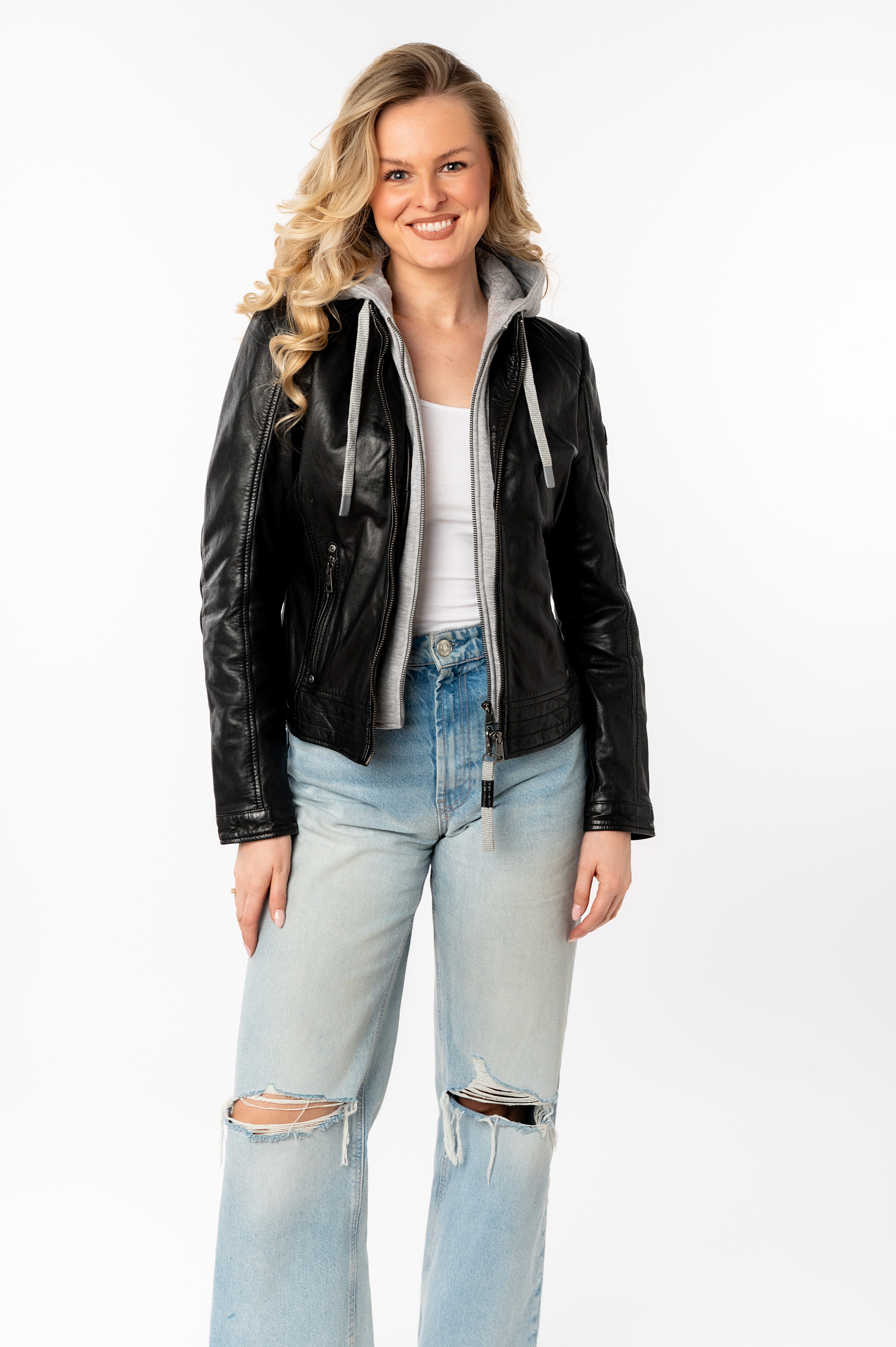 Mauritius Lederjacke MWAleni mit Jerseykapuze und Stehkragen günstig online kaufen