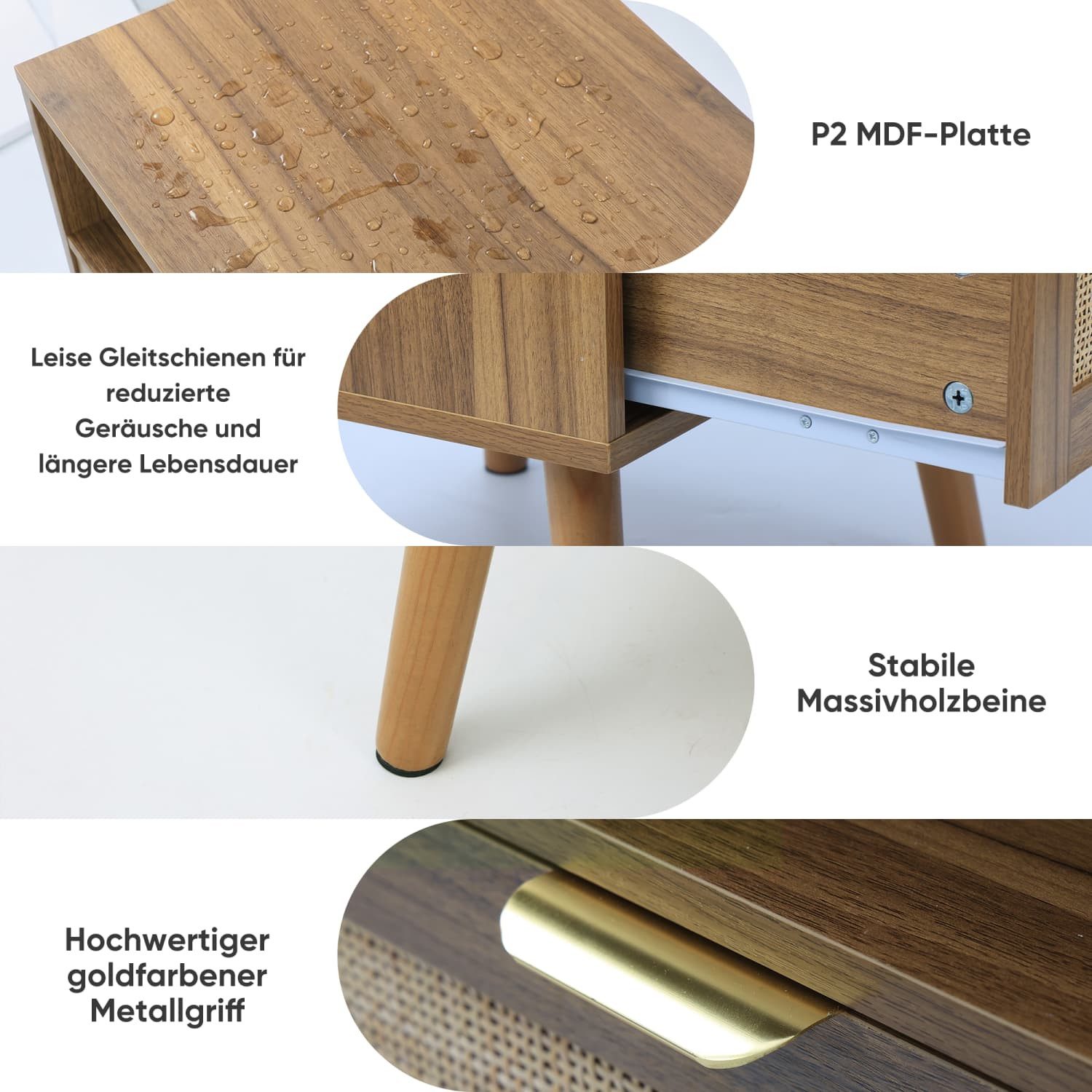 ANYSUN Nachttisch Nachtkommode Rattan mit Schublade,Offenem Fach,Goldgriff, Walnussoptik (1-St)Mid-Century Nachtkonsole für Schlafzimmer,Wohnzimmer,Heimbüro), B – Bild 2 von 5