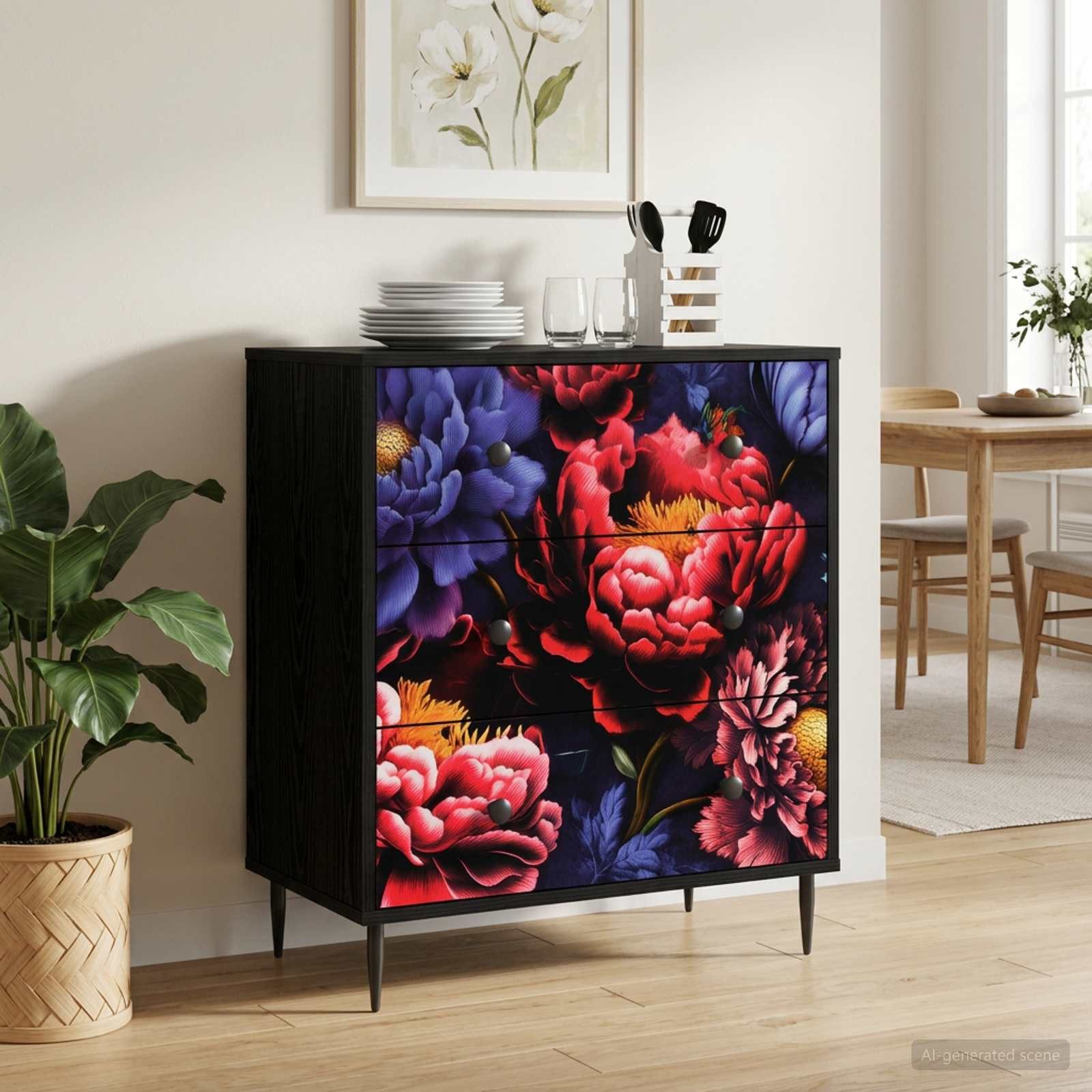 vidaXL Schranksystem Kommode KIEL Dunkler Pfingstrosen-Druck 66 x 36,5 x 76 cm (1-St)