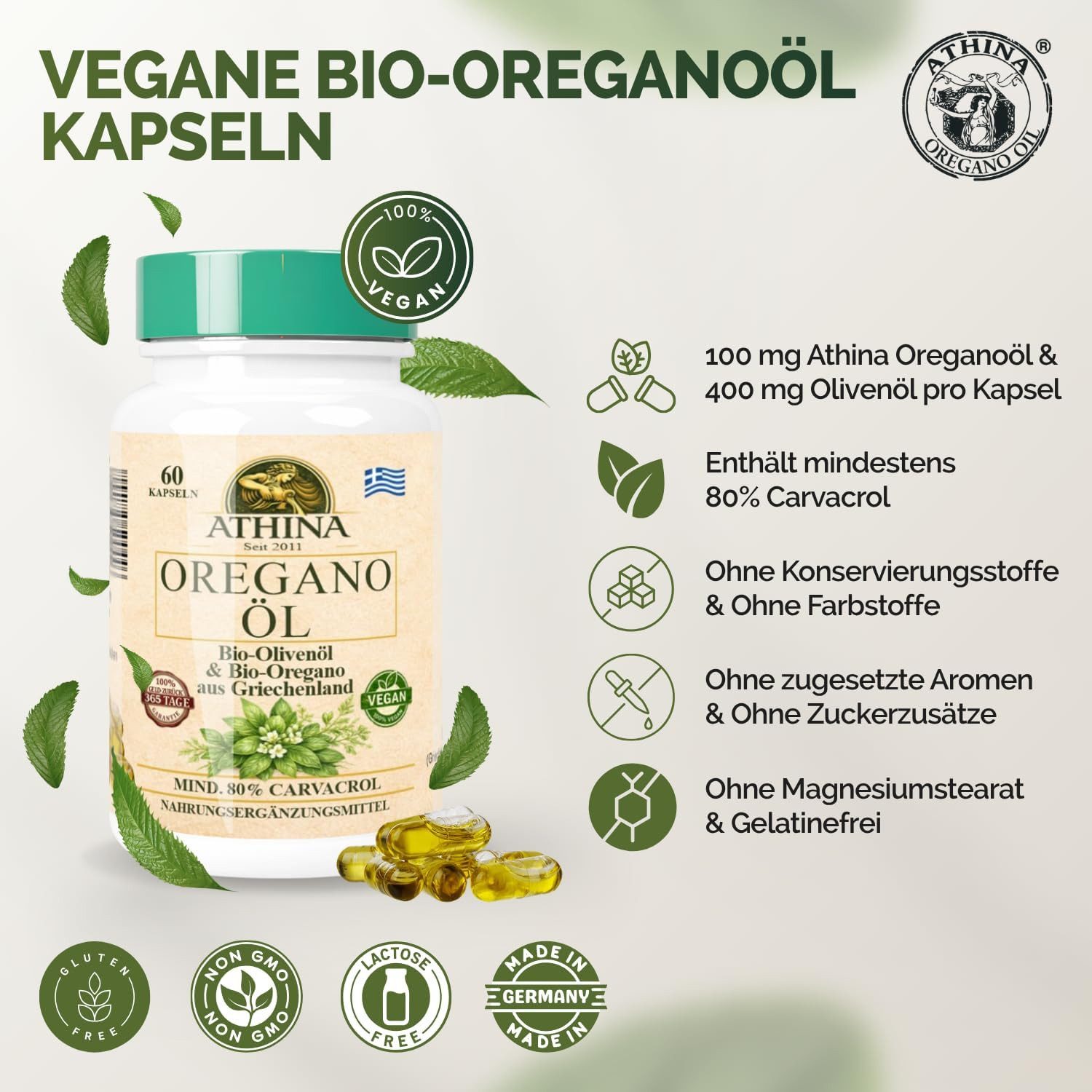 Athina Oregano Öl Vegan Bio 80% Carvacrol Kapseln