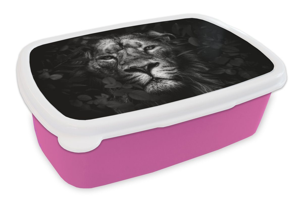 MuchoWow Lunchbox Löwe zwischen den Blättern im Dschungel - schwarz und weiß, Kunststoff, (2-tlg), Brotbox für Erwachsene, Brotdose Kinder, Snackbox, Mädchen, Kunststoff rosa