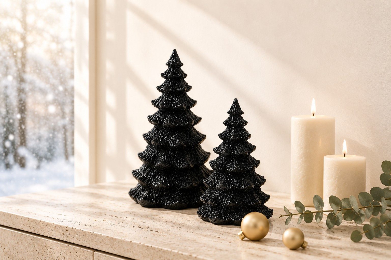 Wurm Weihnachtsfigur 2er Set Deko Tannenbäume Schwarz mit Glitzer Polyresin 25 cm & 21 cm, Glitzer