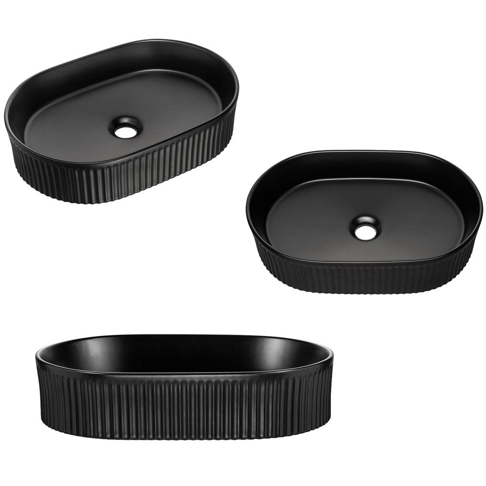 Lomadox Waschtisch NEWPORT-56-BLACK, in schwarz mit Eiche, gerillte Front, schwarzes Keramikwaschbecken – Bild 4 von 5