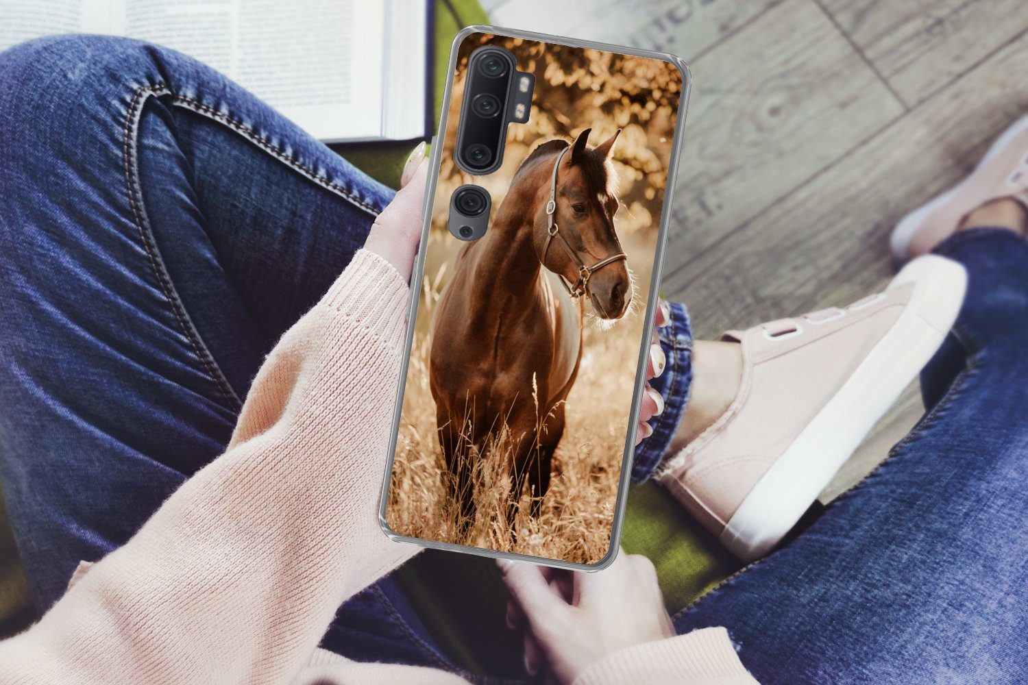 MuchoWow Handyhülle für Xiaomi Mi Note 10 Pro Pferd - Sonne - Porträt - Natur - Braun