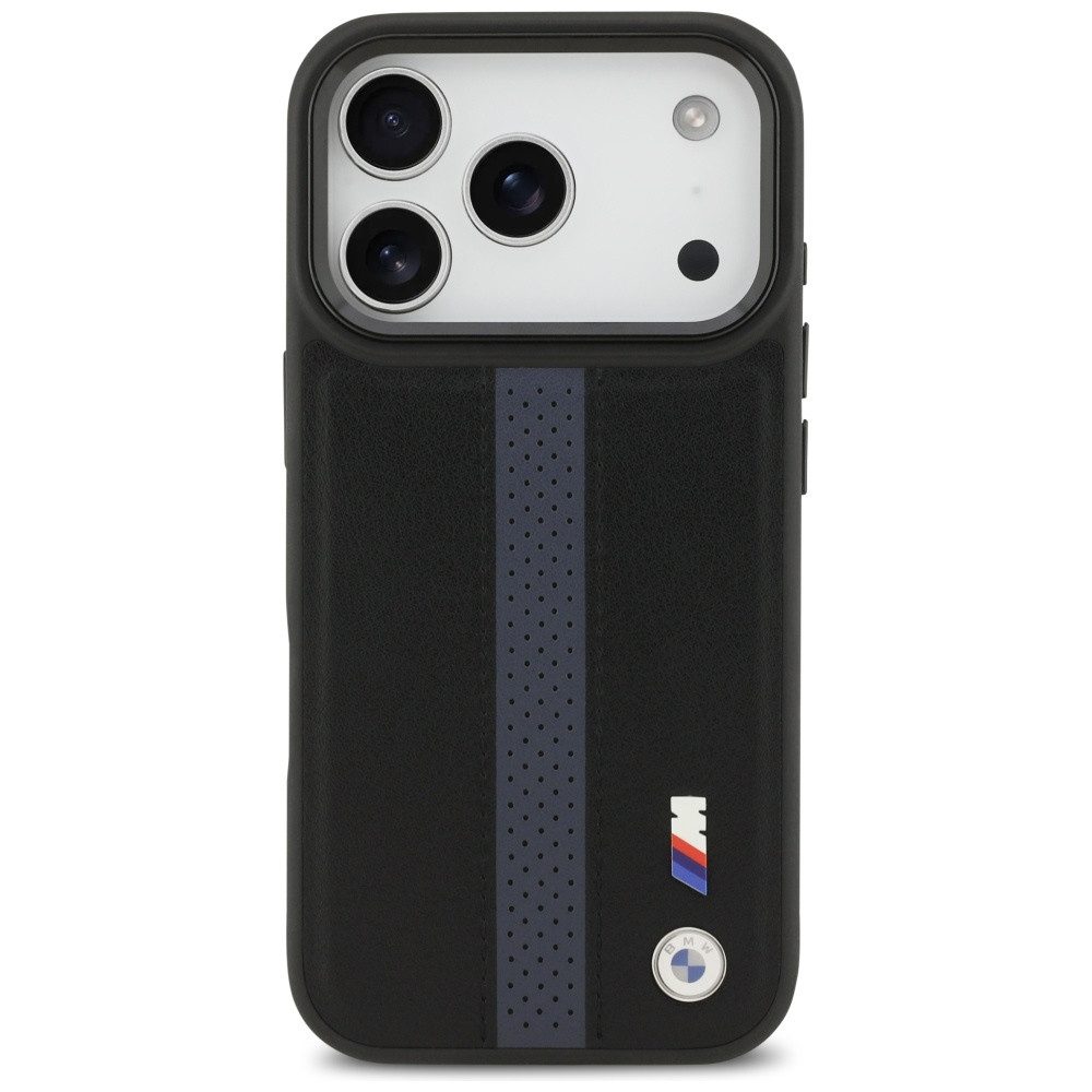BMW Handyhülle MagSafe iPhone 17 Pro Kunstleder schwarz blau Logo Metall 6,3 Zoll, Kantenschutz