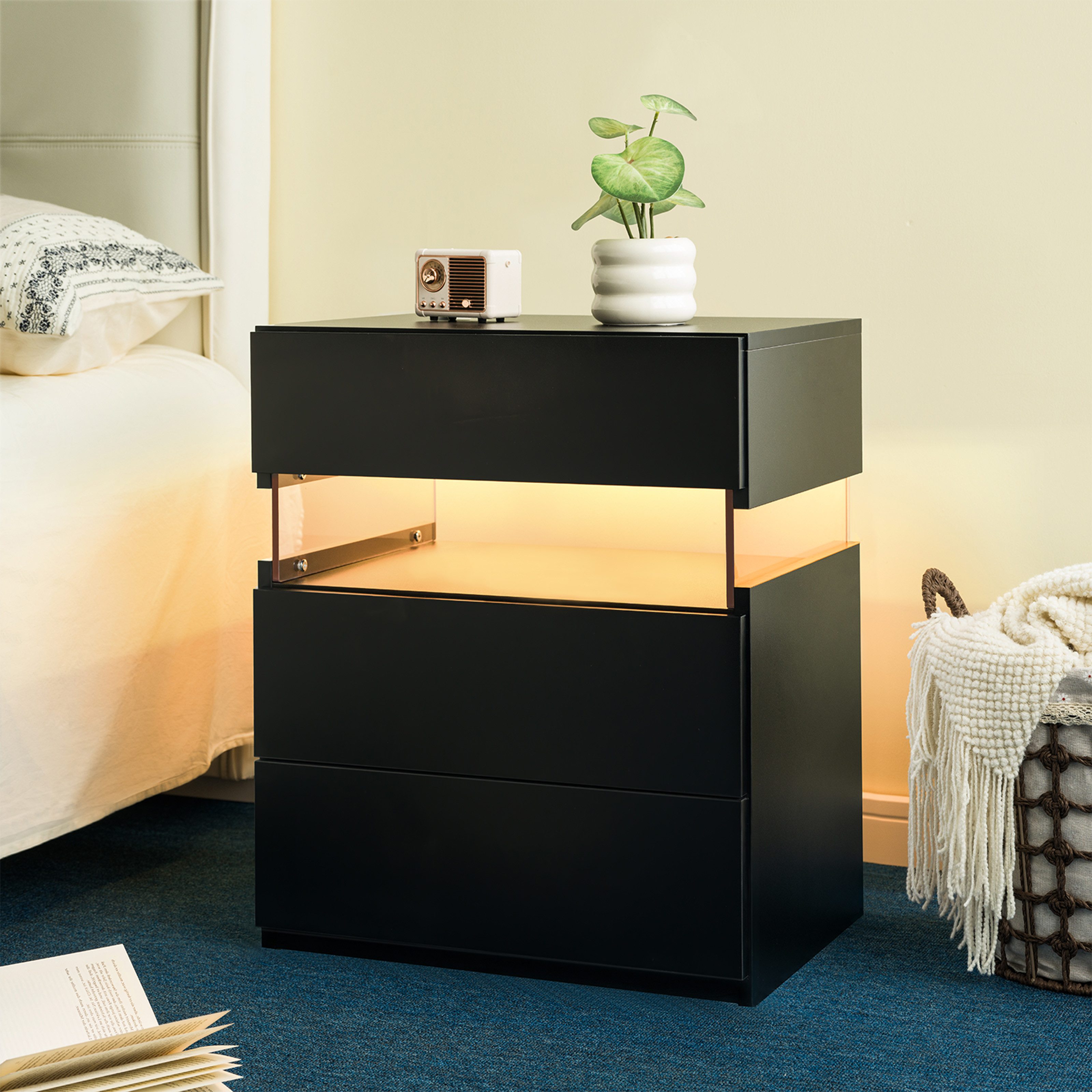 Celya Nachttisch LED-Nachttisch, 3 Schubladen, Kommode für Schlafzimmer-Beistelltisch, LED-Nachttisch mit Acrylplatte,für Schlafzimmer, Wohnzimmer, Esszimmer