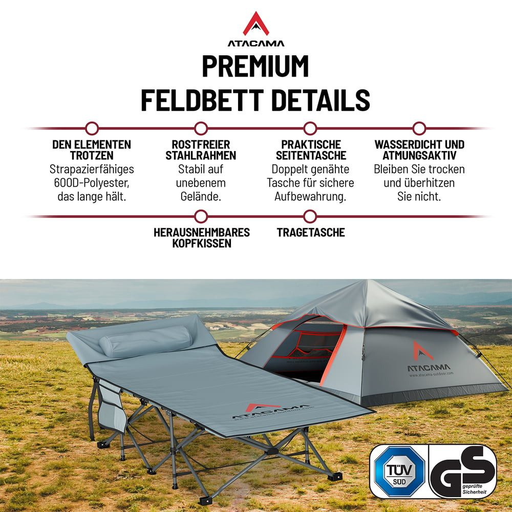 Atacama Feldbett klappbar leicht aufzubauen, Campingliege Outdoor-Abenteuer Karpfenliege Feldbett Campingbett komfortabel