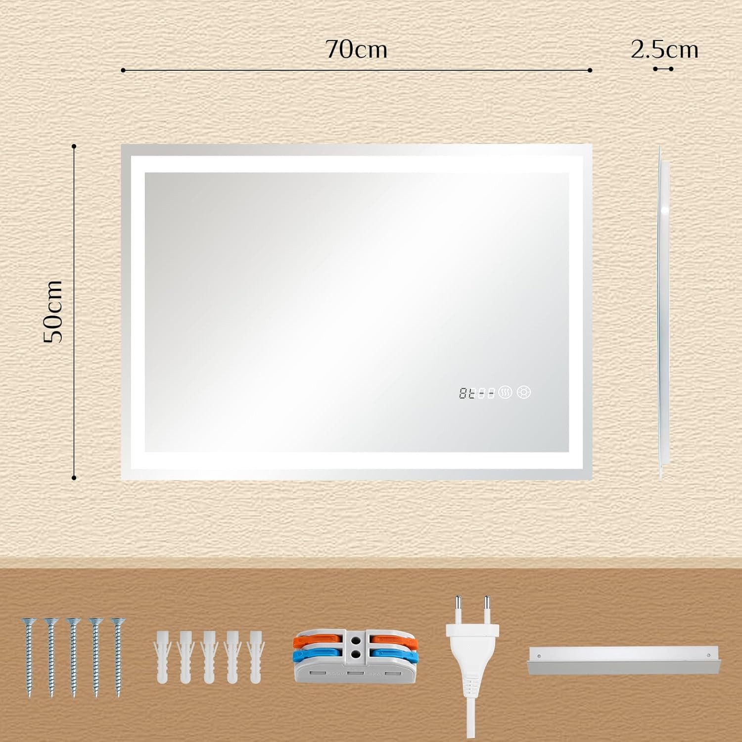TLGREEN Badspiegel mit Beleuchtung und Uhr,LED Spiegel mit 3 Lichtfarben dimmbar, (gehärtetes Glas und Digitaluhr), Touch-Schalter, Memory-Funktion, beschlagfrei
