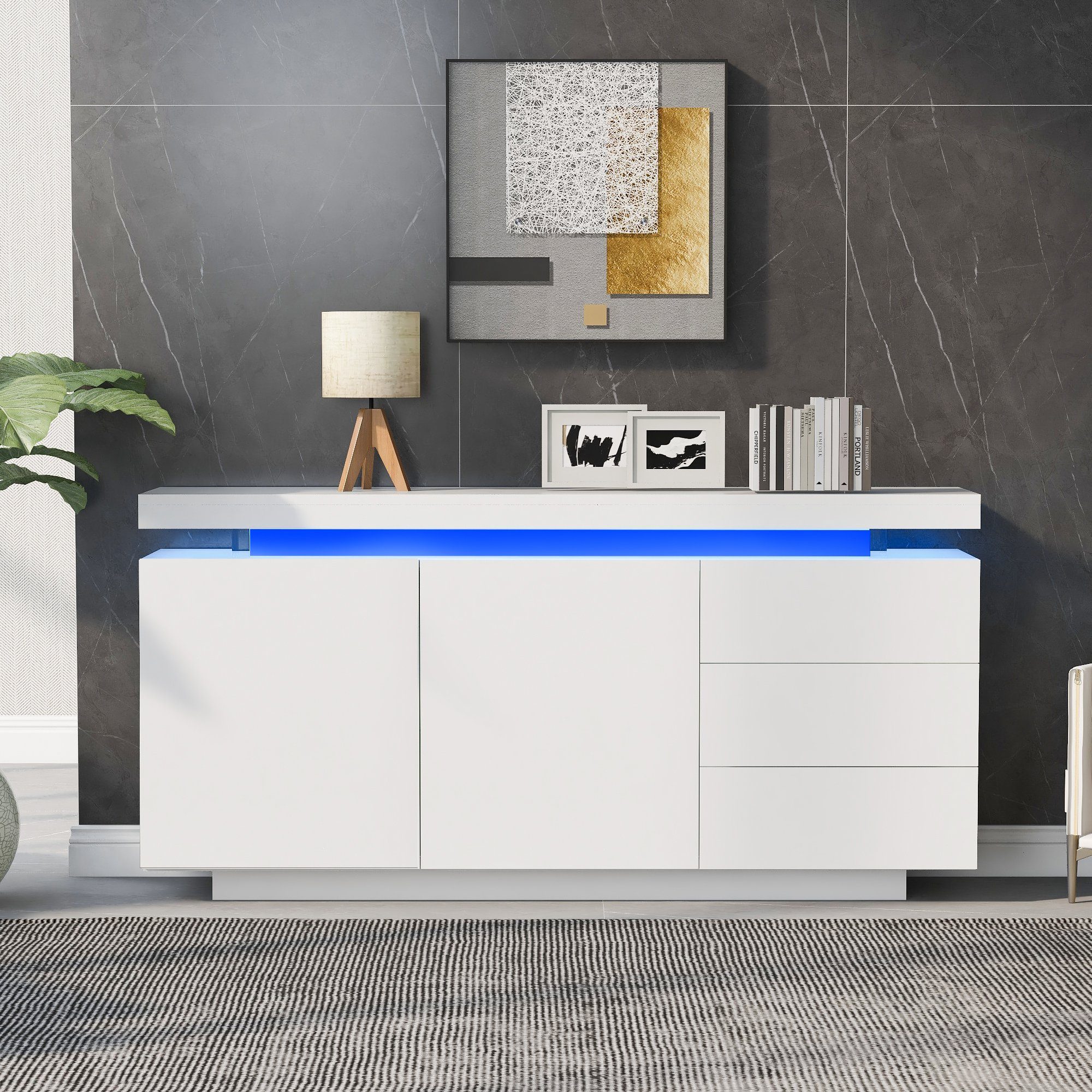 HAUSS SPLOE Sideboard Schubladenkommode mit 2 Nachttisch, Sideboard Highboard Kommode (Beistellschrank Standschrank Kommode Highboard, Möbel 2 Türen 3 Schubladen Hochglanz Sideboard mit LED Licht Grifflose), 140x35x72.5cm - Weiß