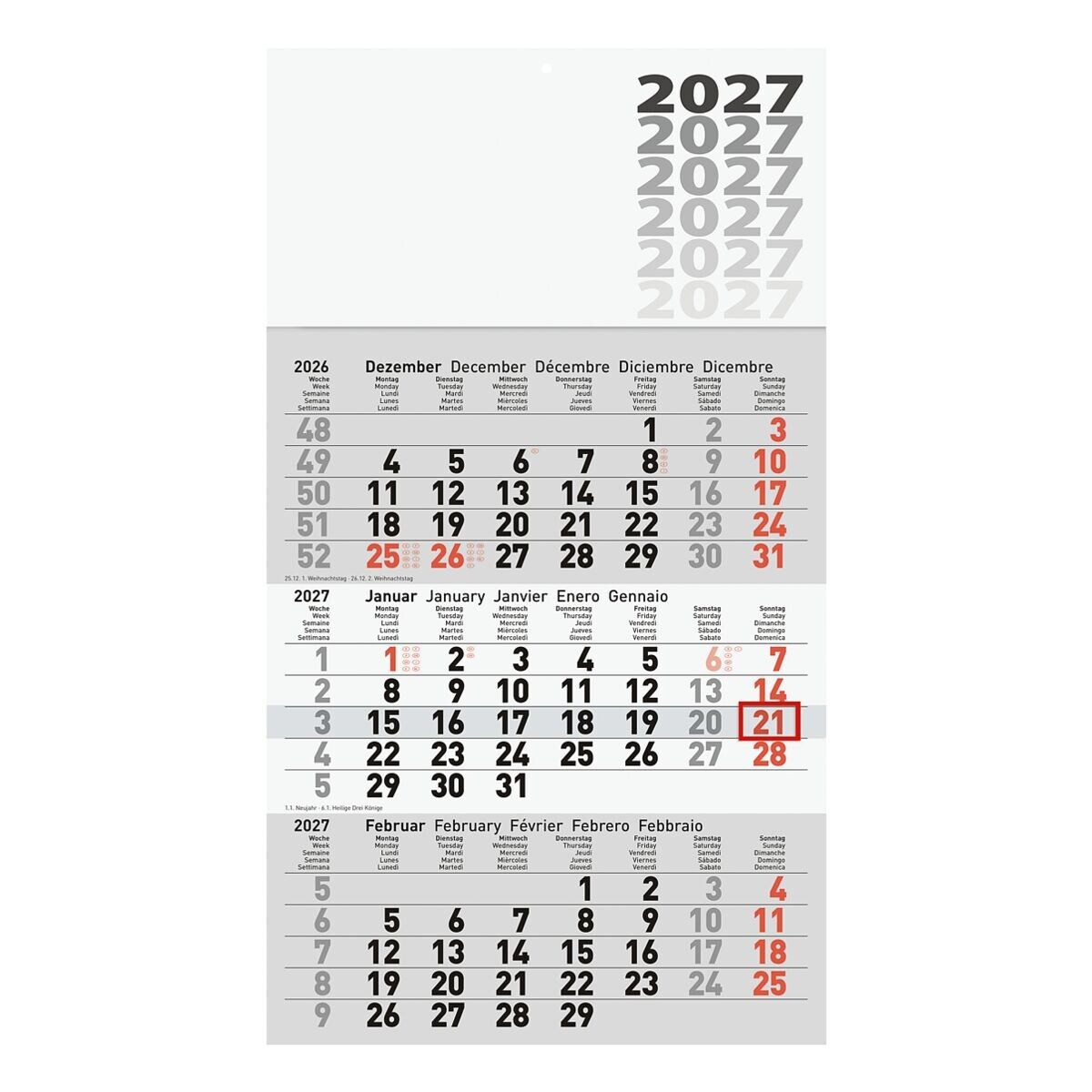 GLOCKEN Monatskalender, für 2027, 3 Monate im Überblick