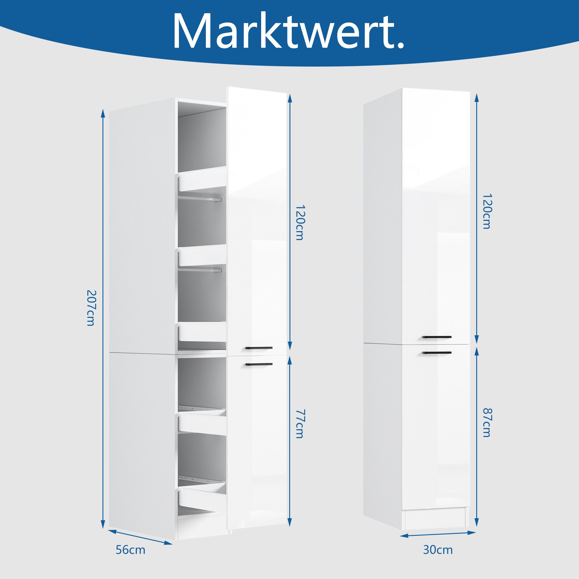 TWSOUL Apothekerschrank 30 cm schmal mit Auszug, platzsparender Hochschrank 206 cm Küchenschrank mit viel Stauraum für Nischen