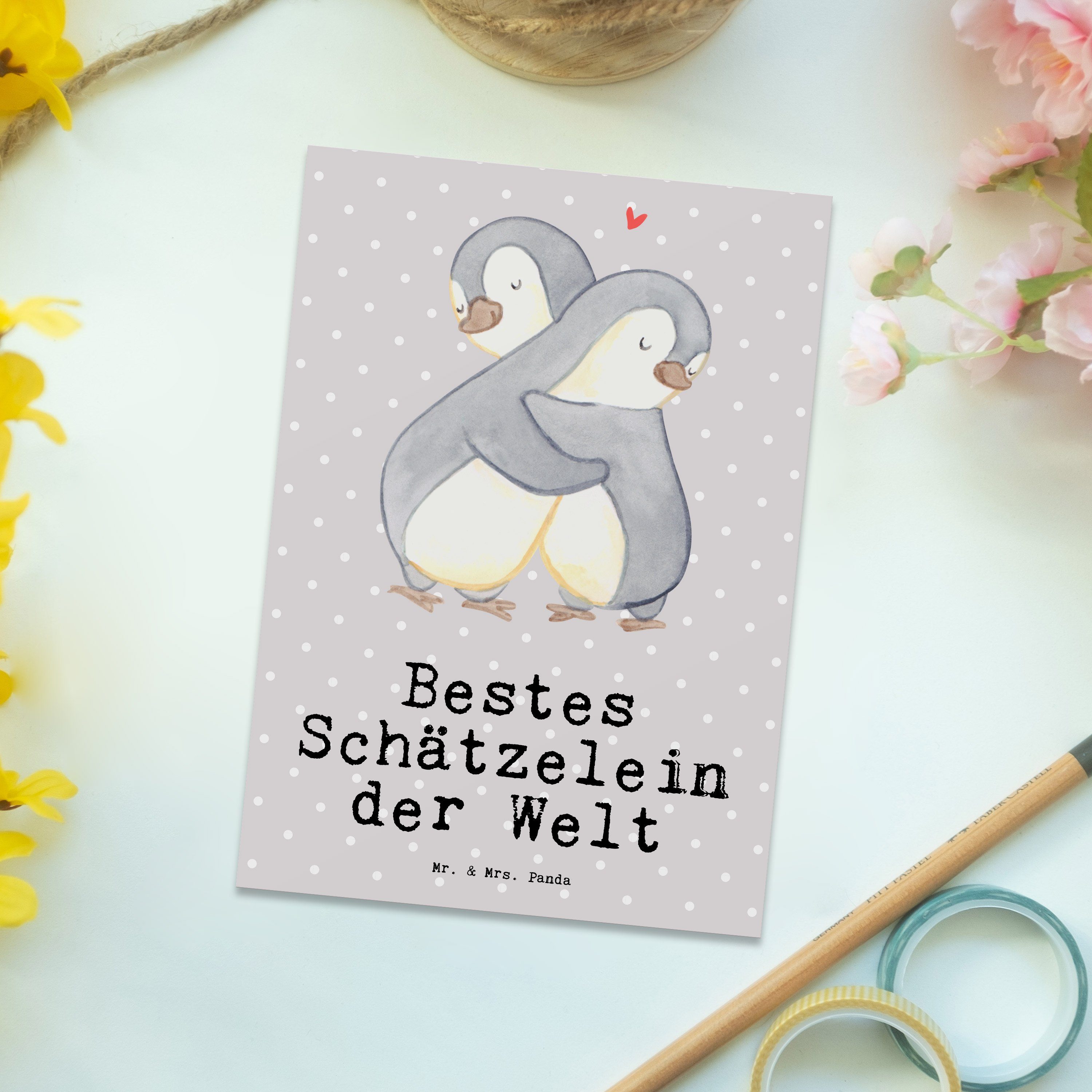 Geschenk, Mr. Pastell Grau Bestes - Mrs. Panda der Schätzelein Postkarte - Frau Welt & Pinguin