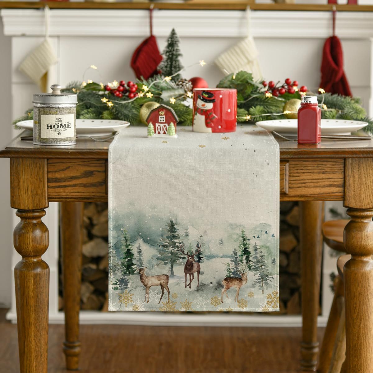 FOUORTUNATE-BEE Tischläufer Mode Aquarell Rentier Baum Weihnachten Tischläufer (Saisonnal Winter Küche Tisch Dekoration, Drinnen Urlaub Party Dekor)