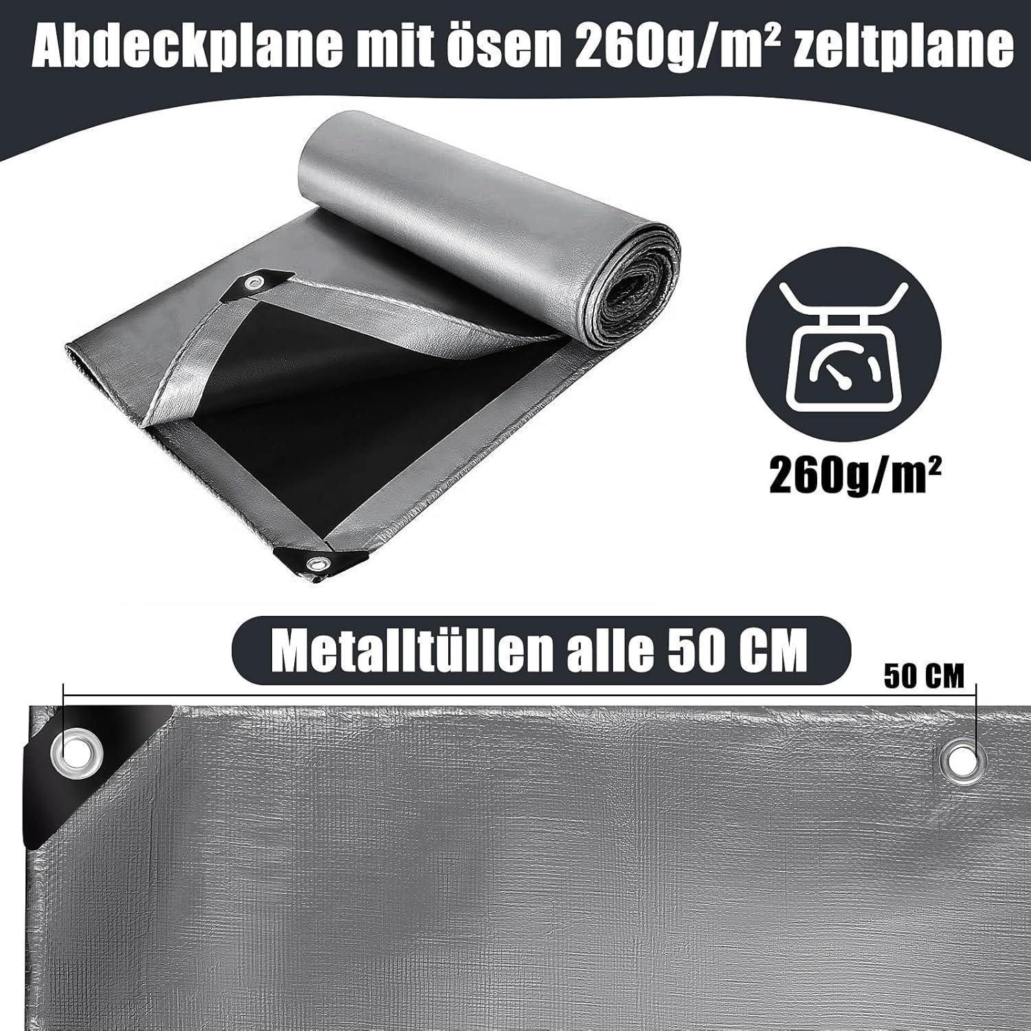 LuxusKollektion Schutzplane Abdeckplane wasserdicht 260g m2 Ösen reißfest 4m X 7m Silber-schwarz