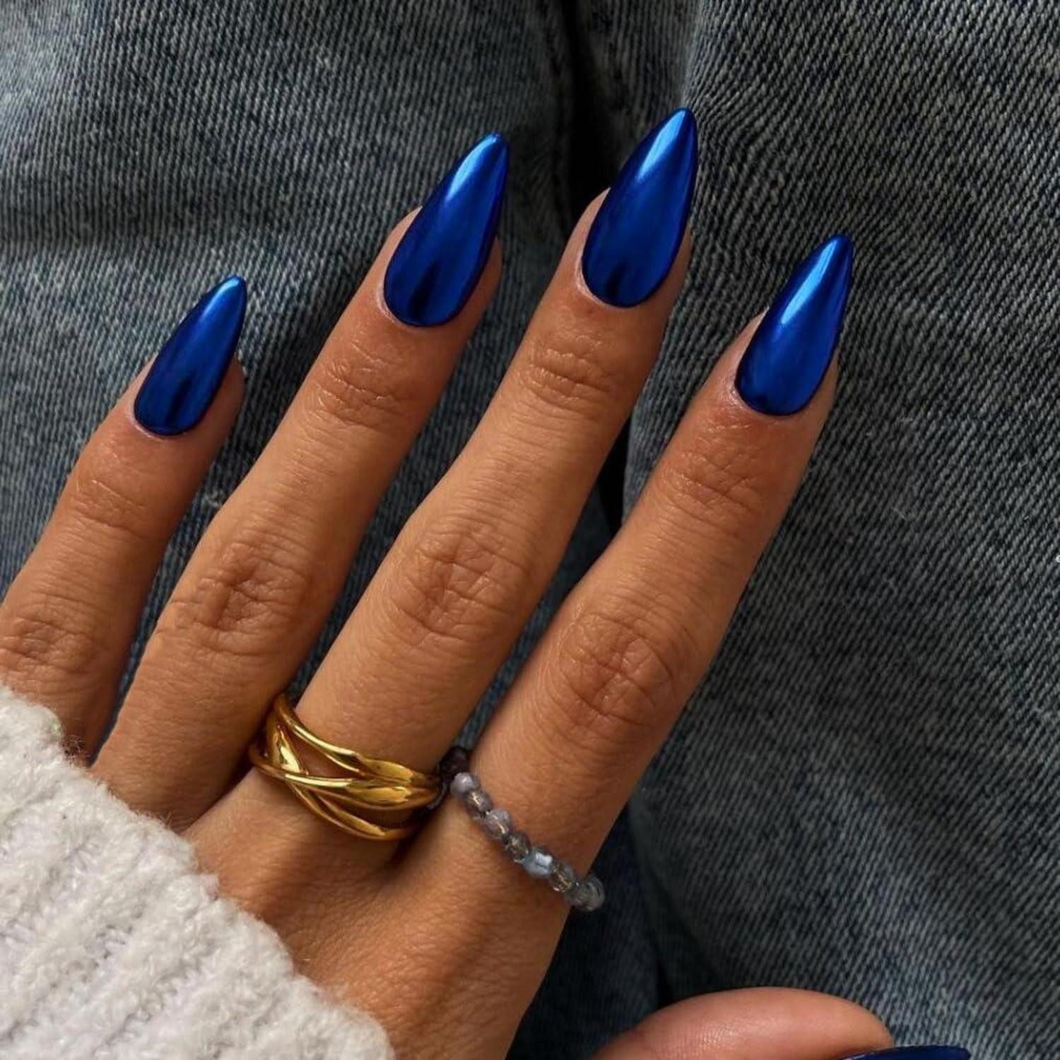 LuxusKollektion Kunstfingernägel Nägel Press On Chrome Spiegeleffekt Mandel Mittel Metallic Königs Blau