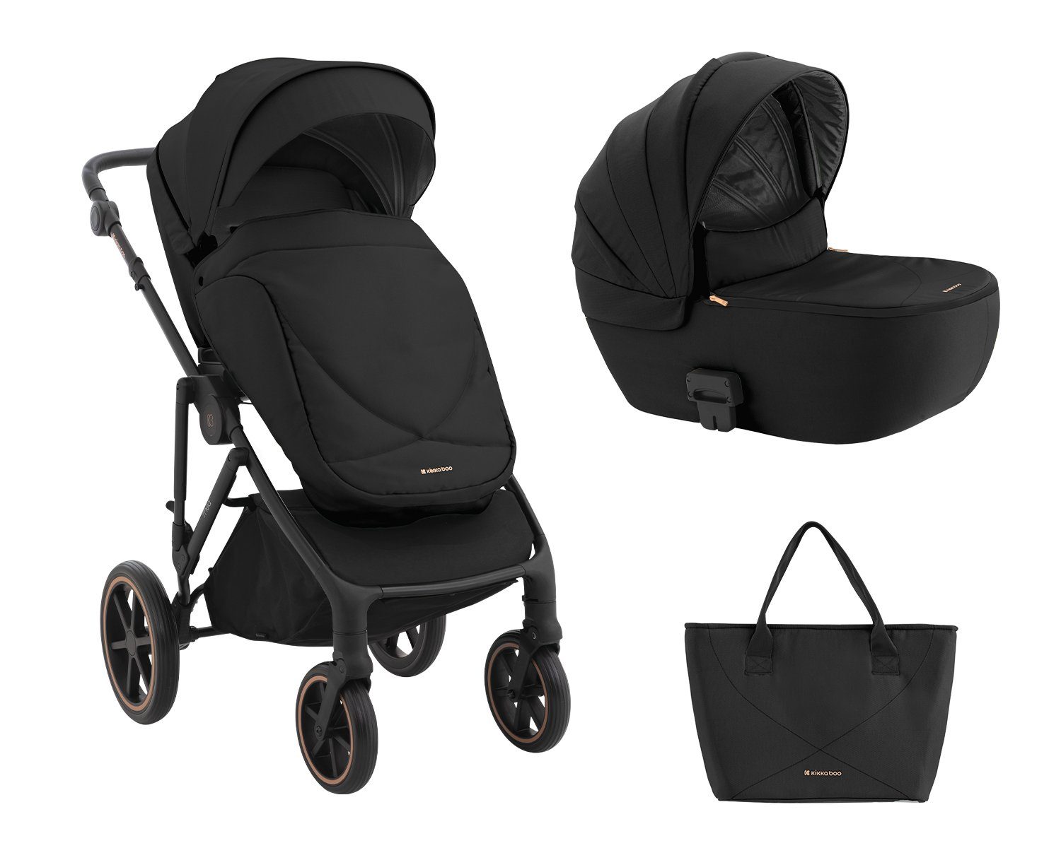 Kikkaboo Kombi-Kinderwagen Kinderwagen Thea 2 in 1, EVA Räder verstellbarer Schiebegriff Babywanne schwarz